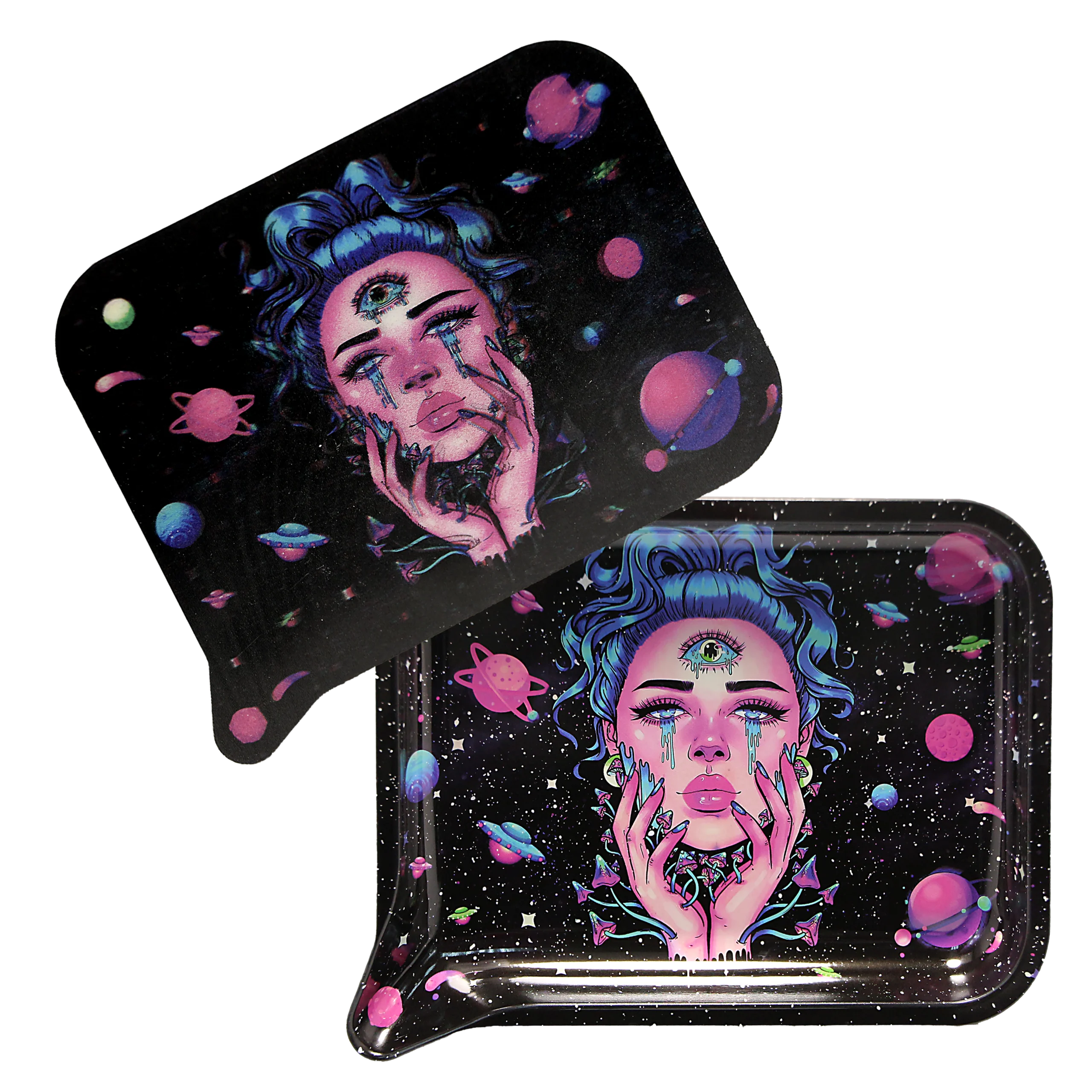 FRT3D-024 Get Lost Medium Funnel Rolling Tray with 3D Magnetic Lid (Get Lost Blue Hair Third Eye Girl)