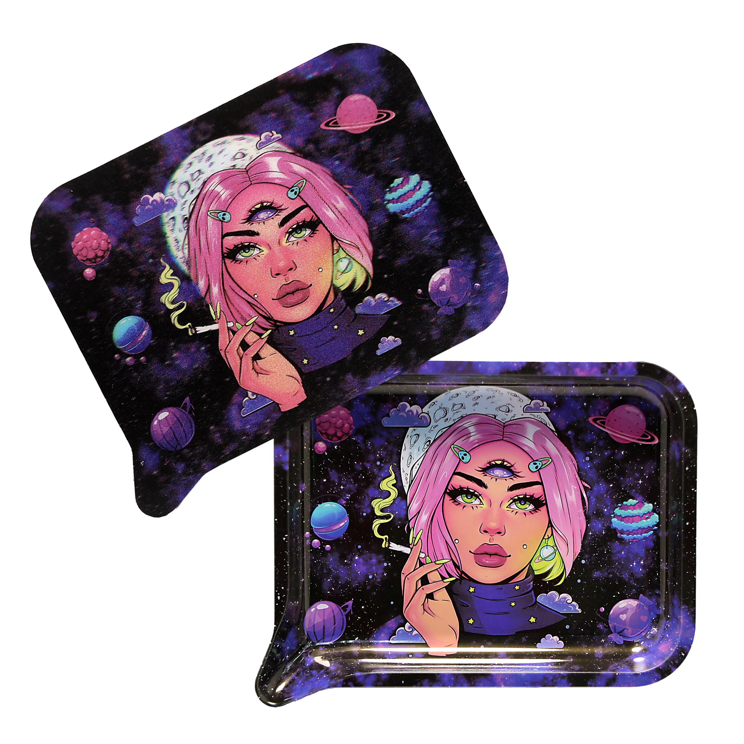 FRT3D-025 Get Lost Medium Funnel Rolling Tray with 3D Magnetic Lid (Get Lost Pink Hair Third Eye Girl)