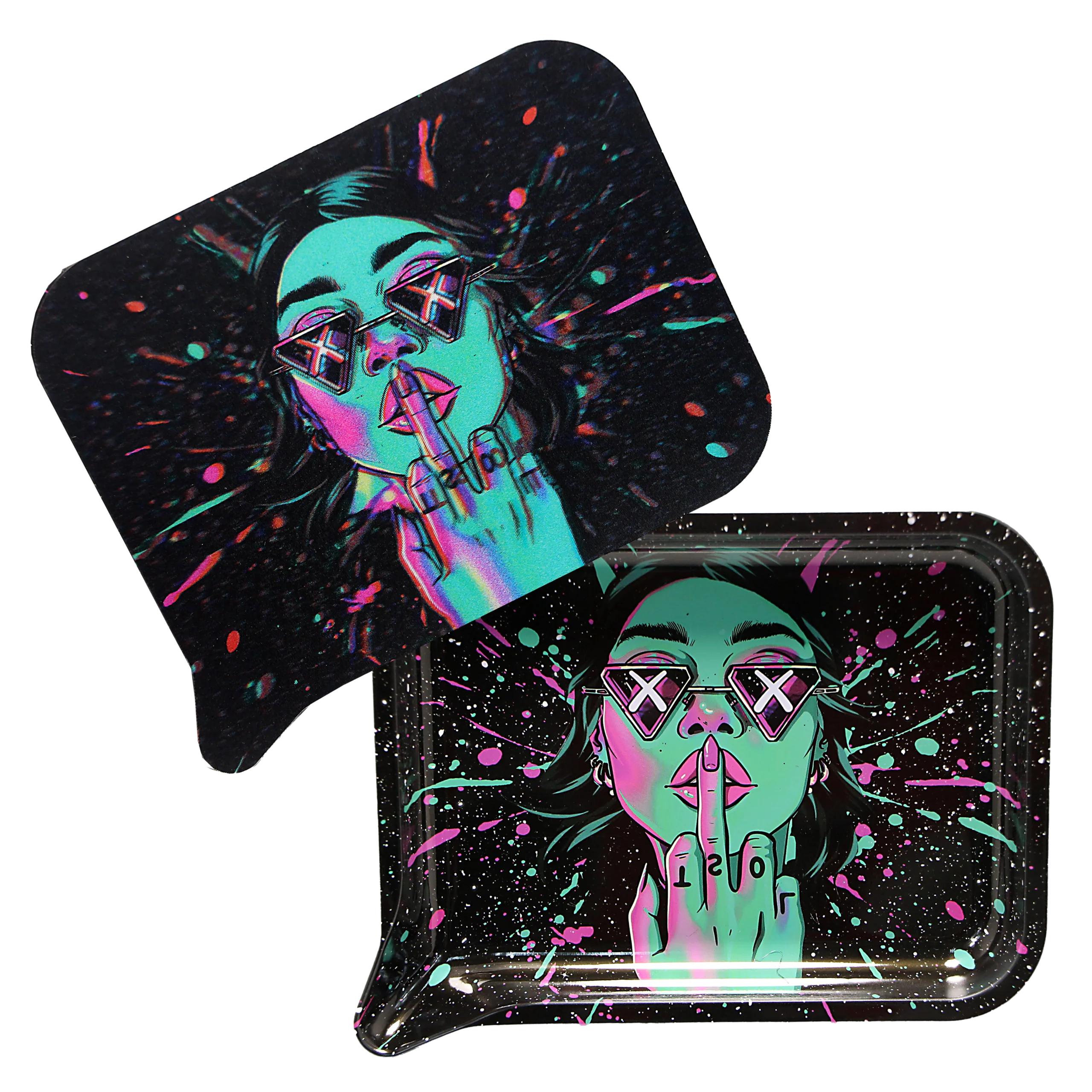 FRT3D-028 Get Lost Medium Funnel Rolling Tray with 3D Magnetic Lid (Get Lost Green Girl Middle Finger)