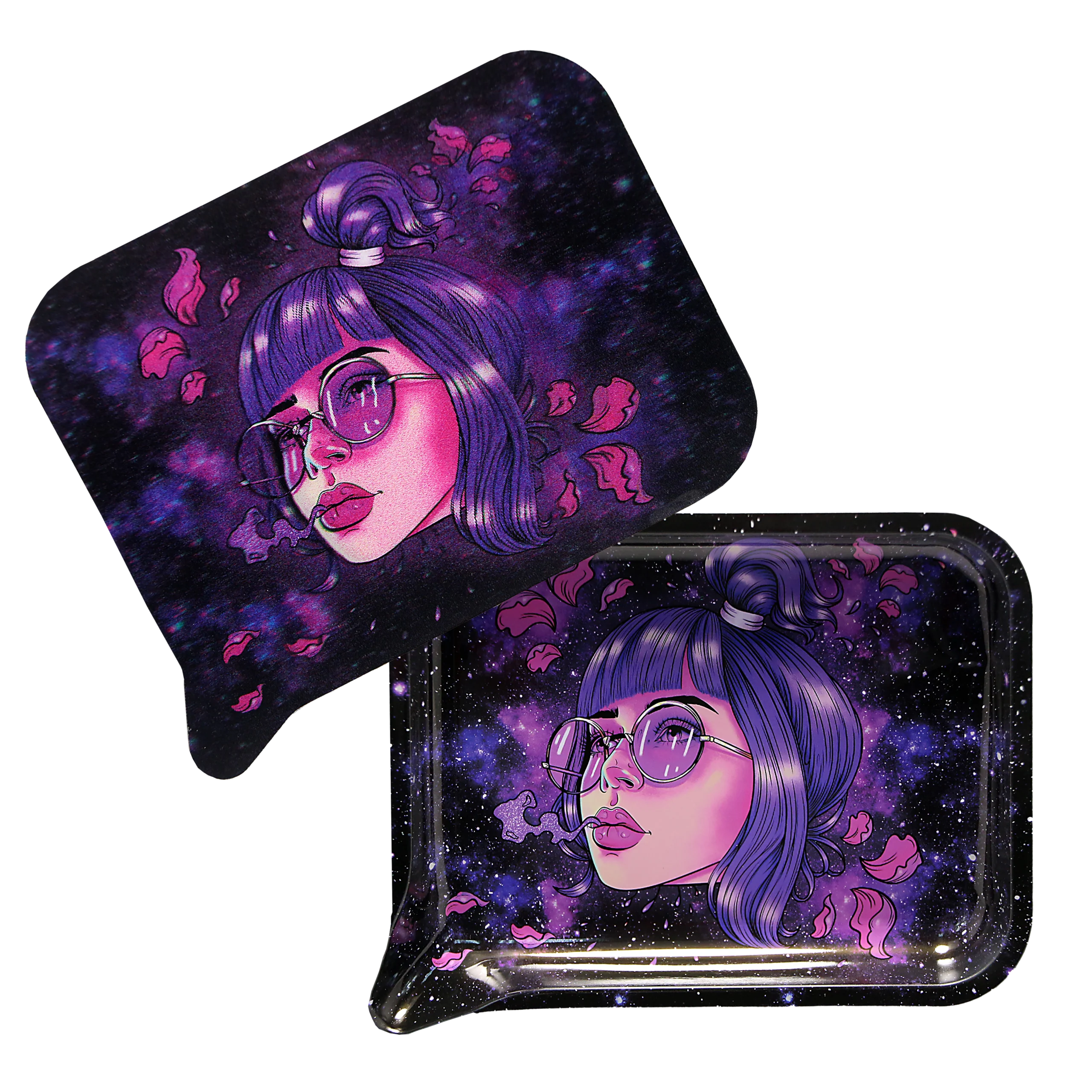 FRT3D-030 Get Lost Medium Funnel Rolling Tray with 3D Magnetic Lid (Get Lost Purple Hair Girl With Glasses)
