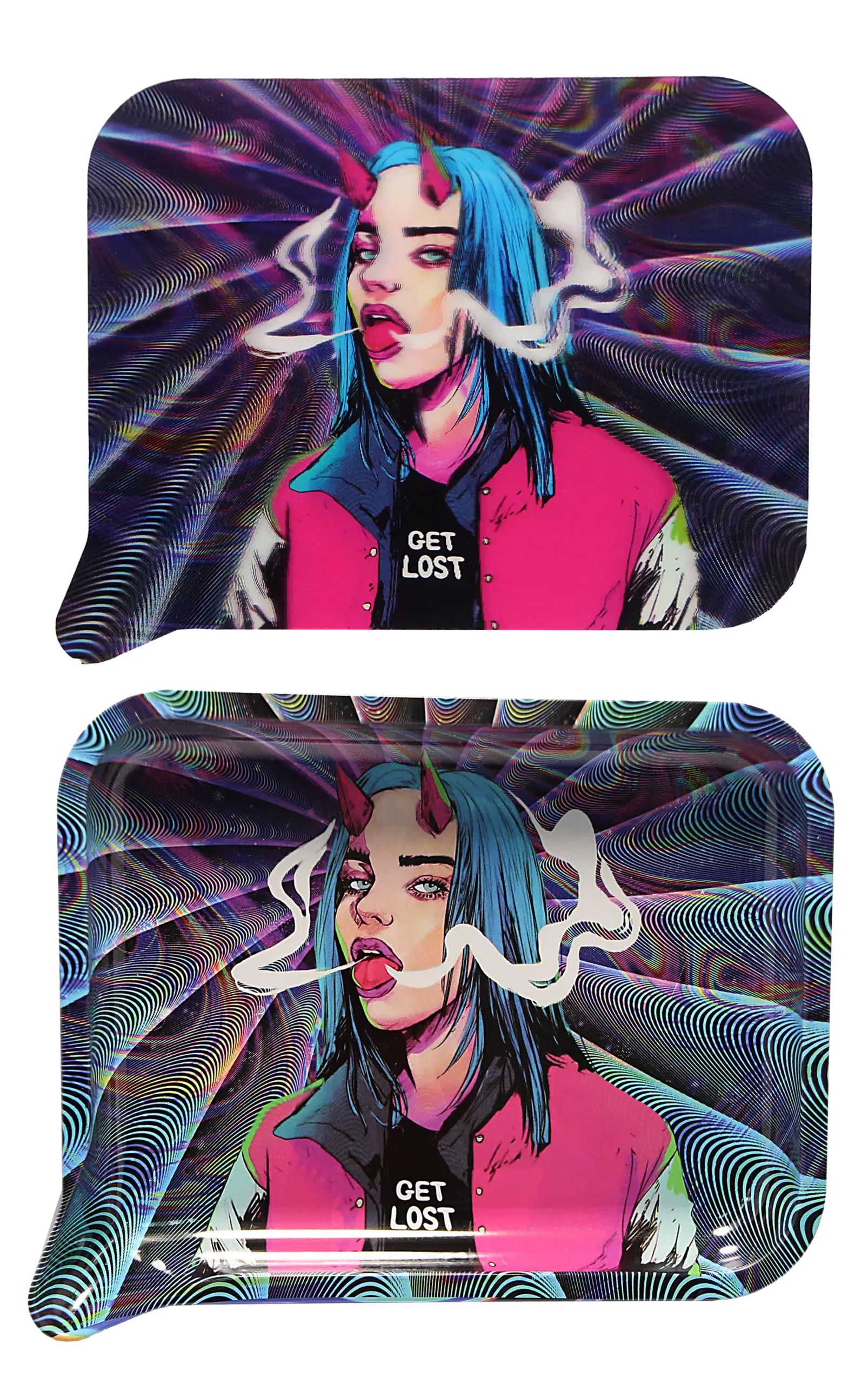 FRT3D-036 Get Lost Medium Funnel Rolling Tray with 3D Magnetic Lid (Get Lost Devil Girl Blue Hair Smoking) - Image 2