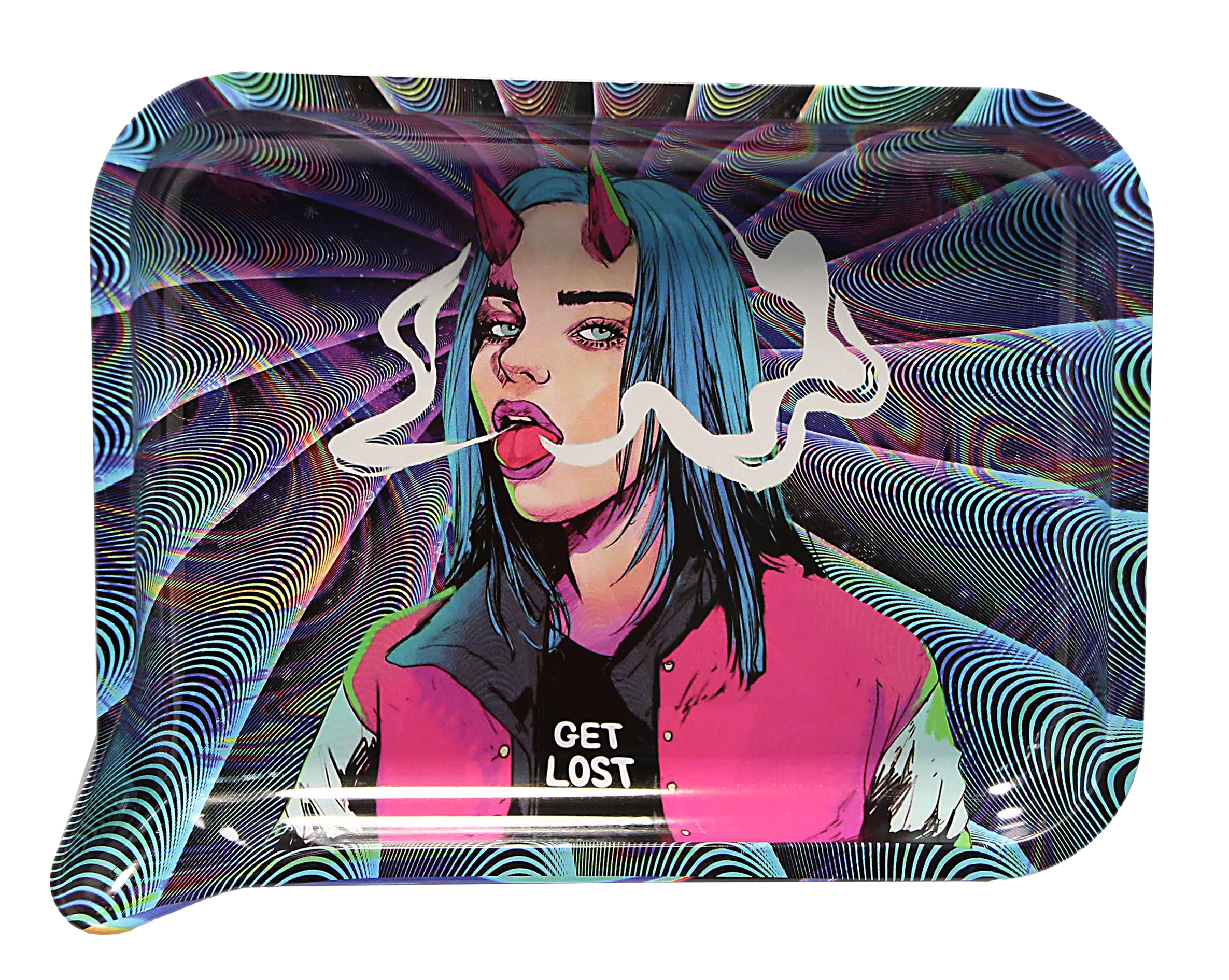 FRT3D-036 Get Lost Medium Funnel Rolling Tray with 3D Magnetic Lid (Get Lost Devil Girl Blue Hair Smoking) - Image 3