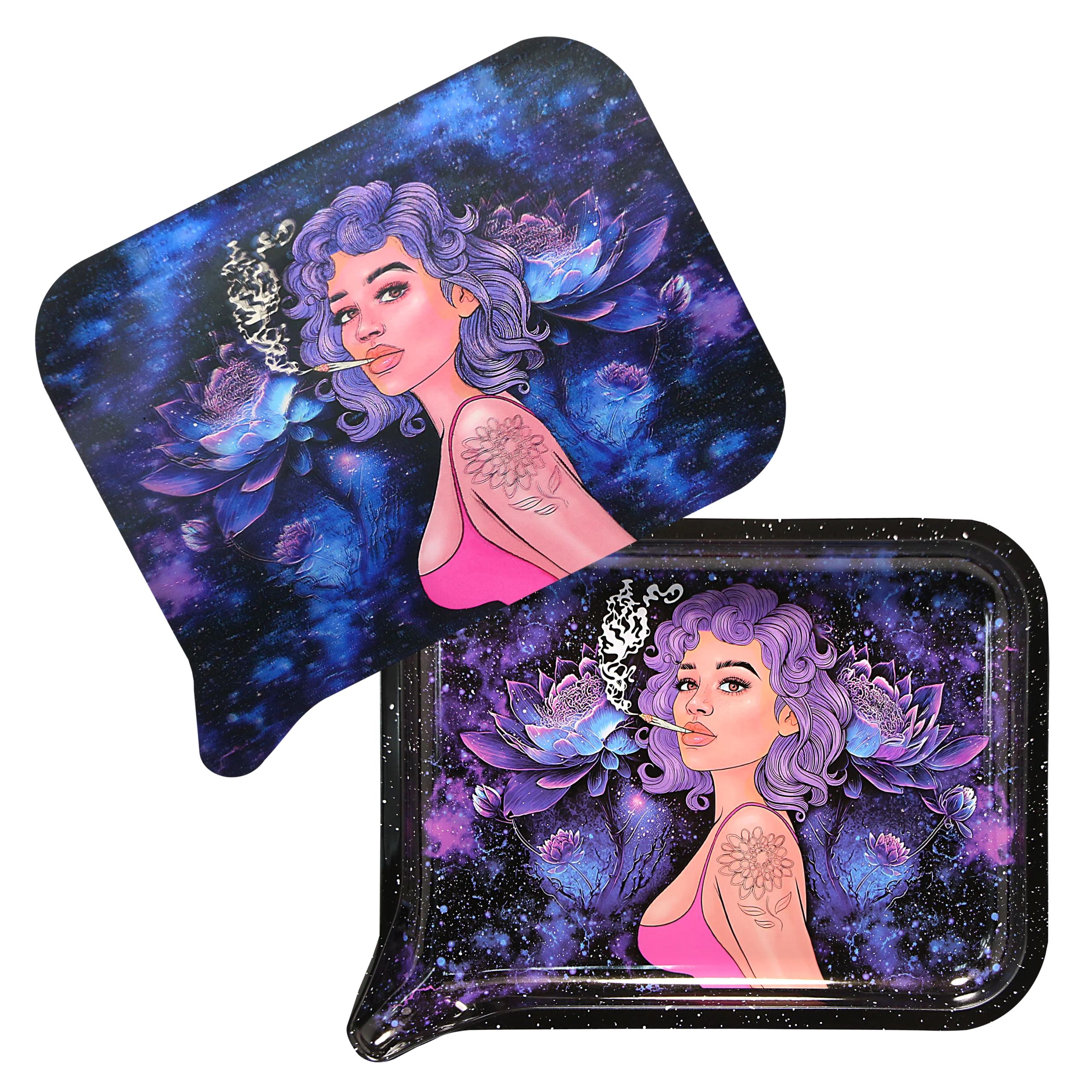 FRT3D-042 Get Lost Medium Funnel Rolling Tray with 3D Magnetic Lid (Get Lost Girl Blue Hair White Smoke)