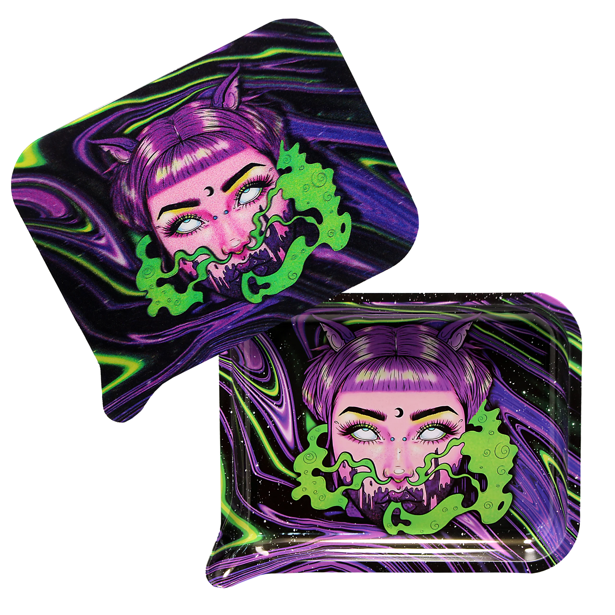FRT3D-049 Get Lost Medium Funnel Rolling Tray with 3D Magnetic Lid (Get Lost Purple Hair Devil Girl Green Smoke)
