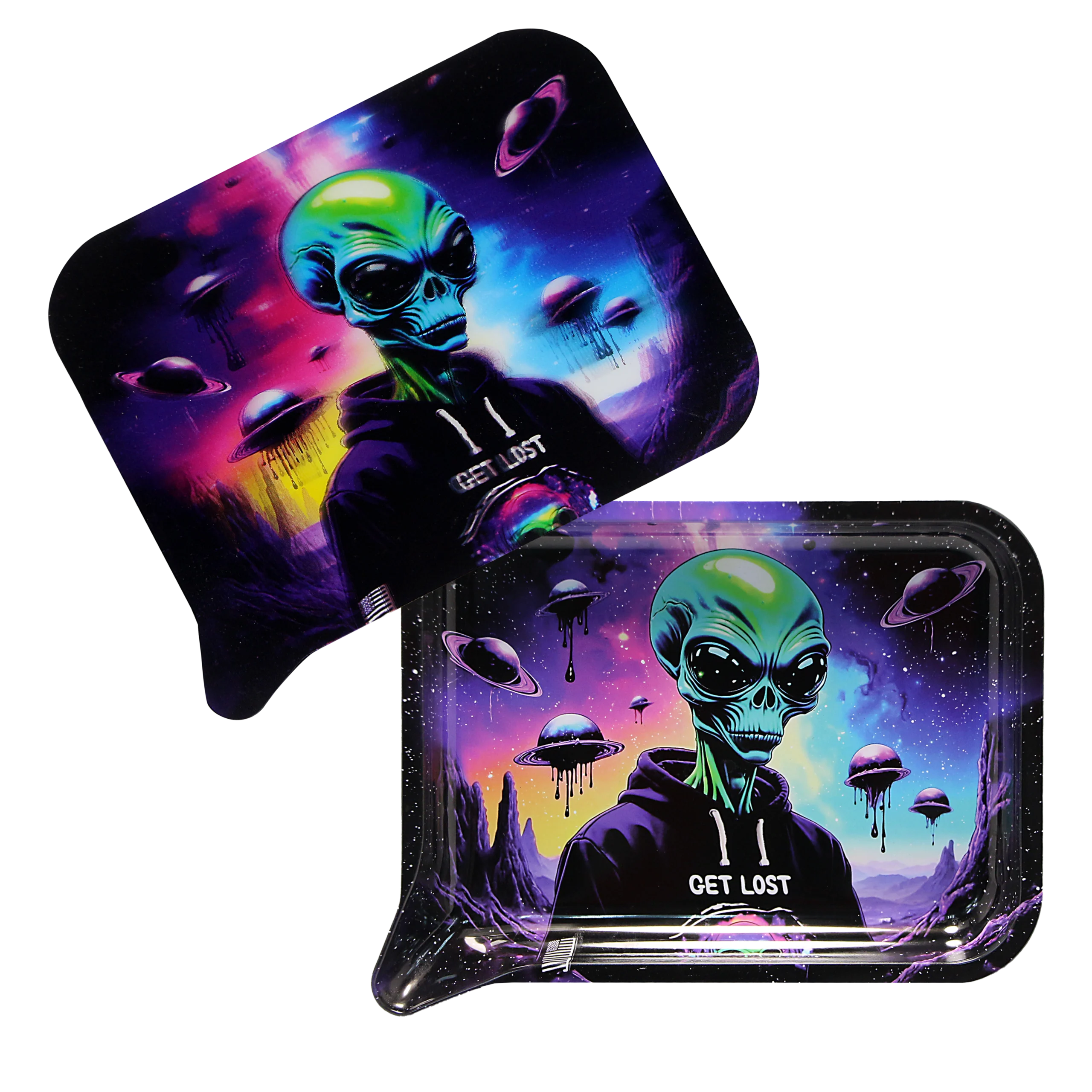 FRT3D-057 Get Lost Medium Funnel Rolling Tray with 3D Magnetic Lid (Get Lost Green Mad Alien)