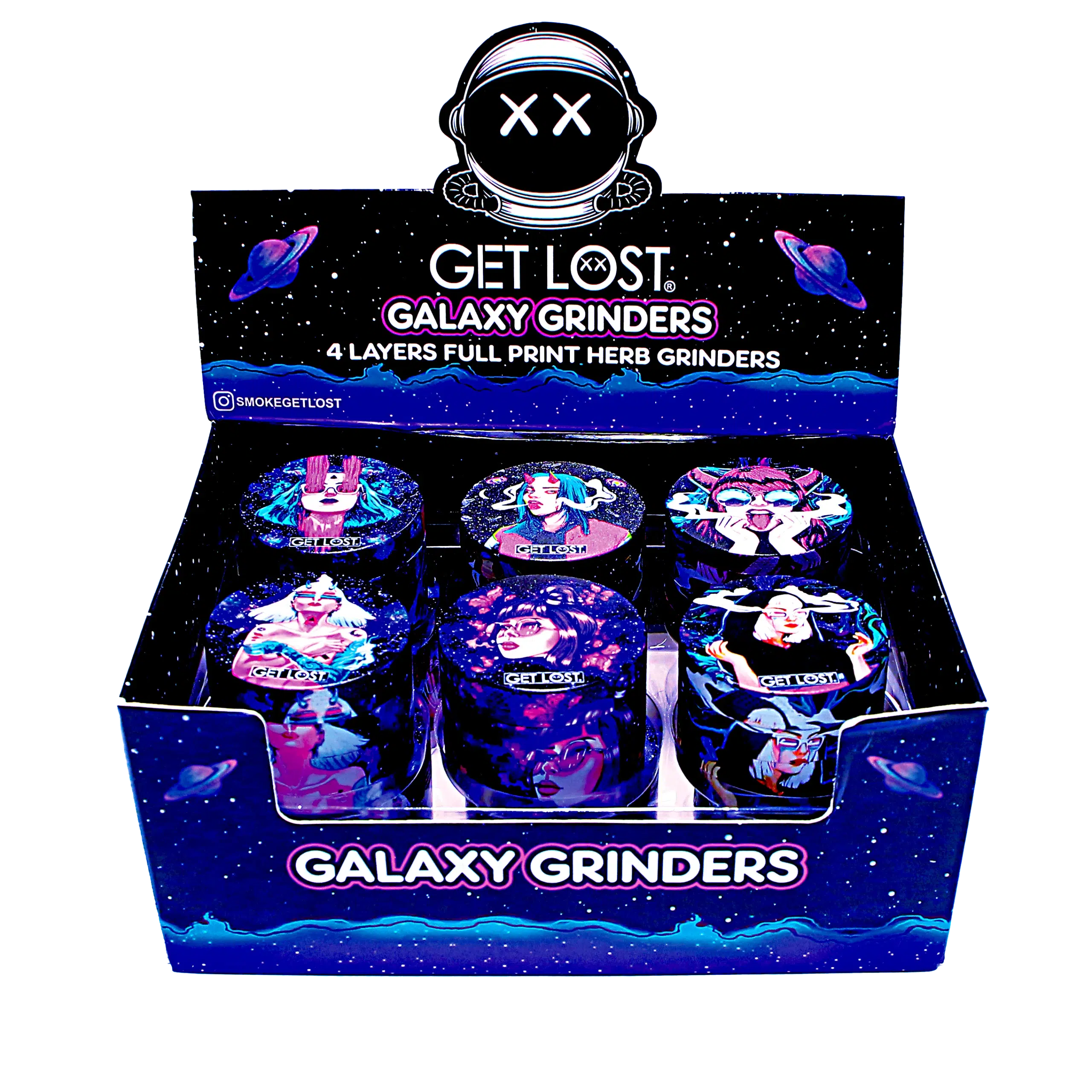 GG-50-003 – Get Lost Galaxy Grinders 4 Layers Full Print Herb Grinders – 50mm (12 Count) Set 03
