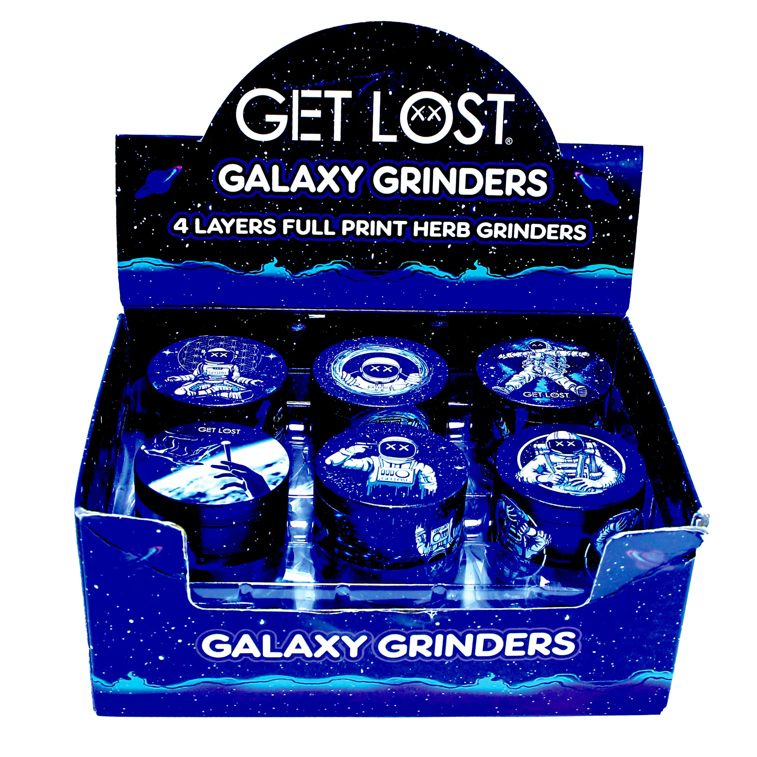 GG-50-008 – Get Lost Galaxy Grinders 4 Layers Full Print Herb Grinders – 50mm (12 Count) Set 08