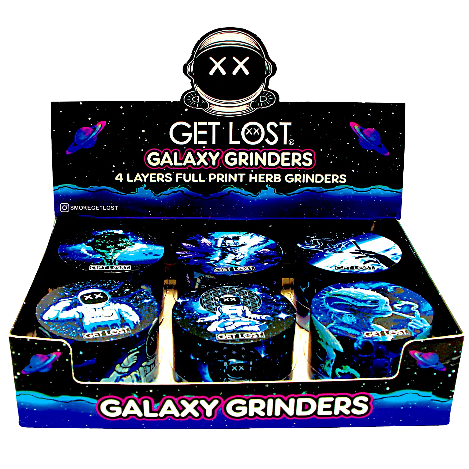 GG-63-001 – Get Lost Galaxy Grinders 4 Layers Full Print Herb Grinders – 63mm (6 Count) Set 01