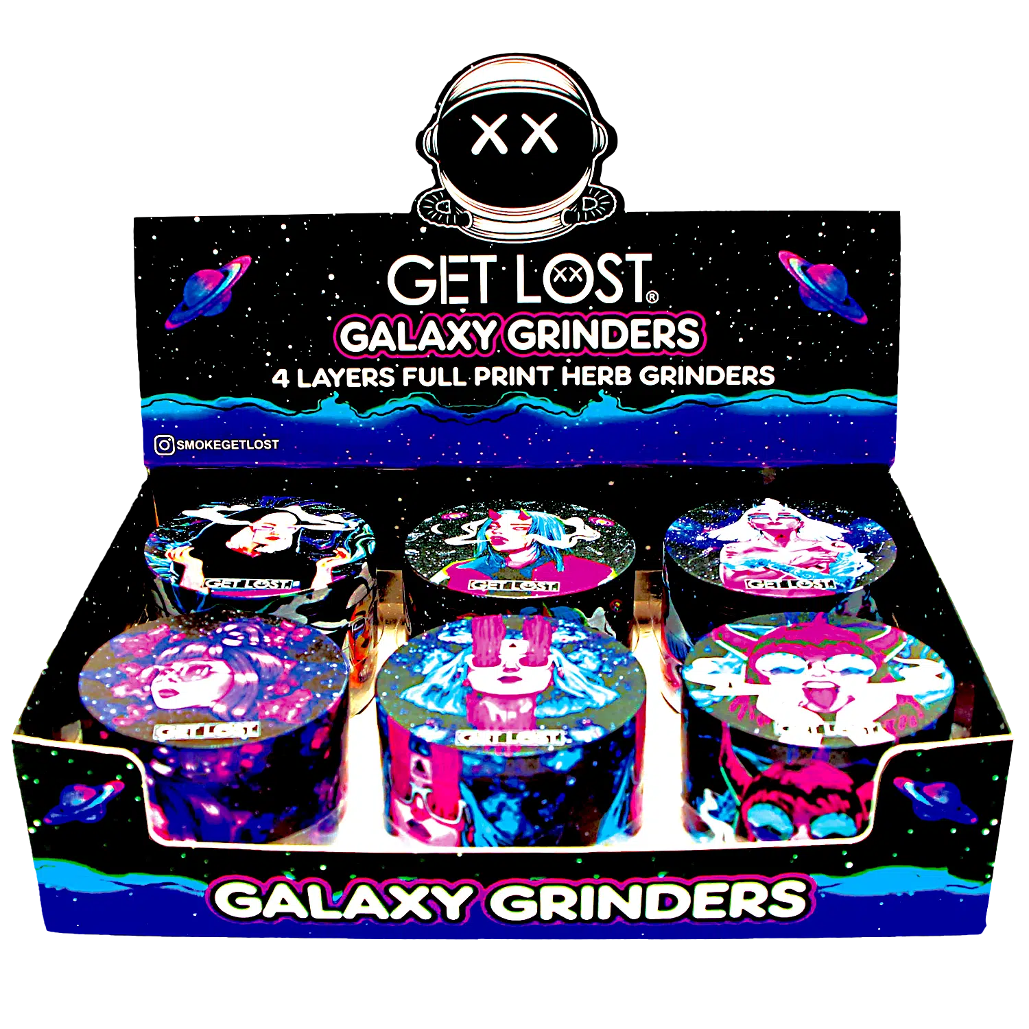 GG-63-002 – Get Lost Galaxy Grinders 4 Layers Full Print Herb Grinders – 63mm (6 Count) Set 02