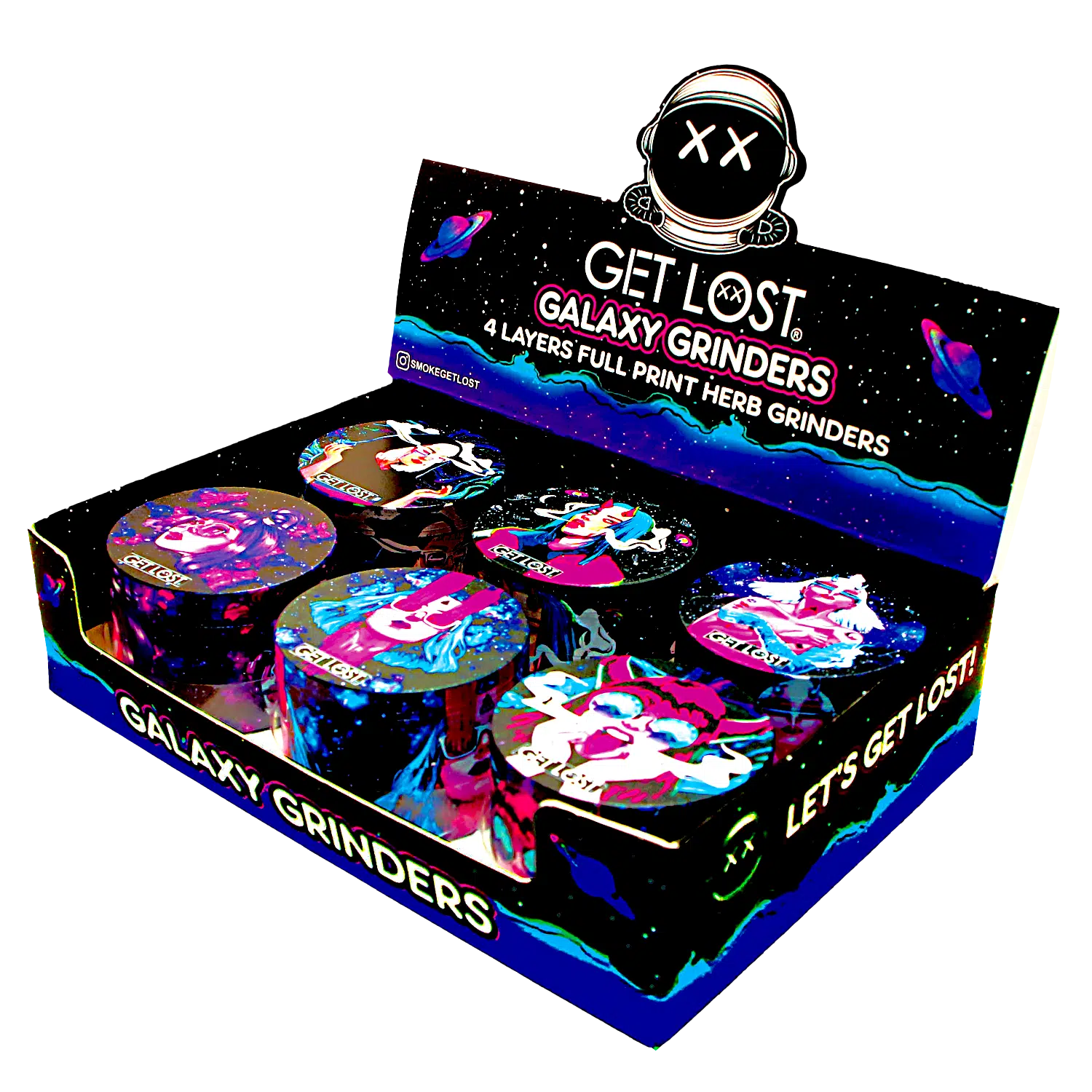 GG-63-002 - Get Lost Galaxy Grinders 4 Layers Full Print Herb Grinders – 63mm (6 Count) Set 02 - Image 2