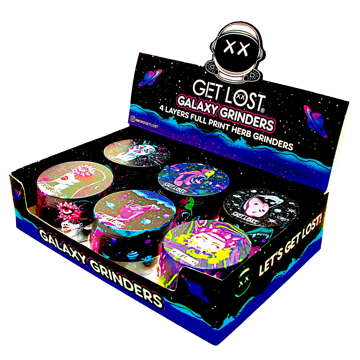 GG-63-003 - Get Lost Galaxy Grinders 4 Layers Full Print Herb Grinders – 63mm (6 Count) Set 03 - Image 2