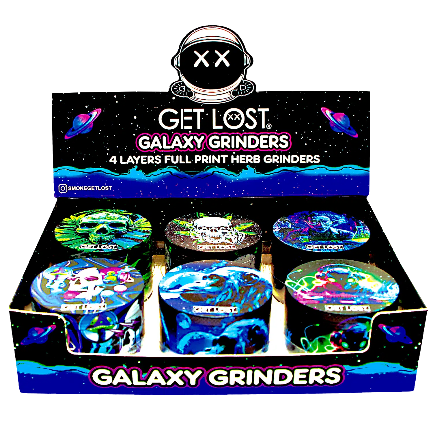 GG-63-004 – Get Lost Galaxy Grinders 4 Layers Full Print Herb Grinders – 63mm (6 Count) Set 04
