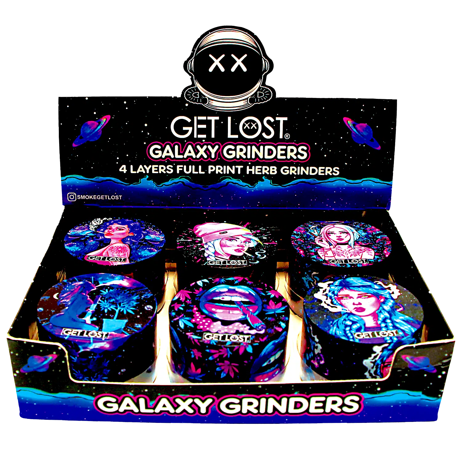 GG-63-006 – Get Lost Galaxy Grinders 4 Layers Full Print Herb Grinders – 63mm (6 Count) Set 06