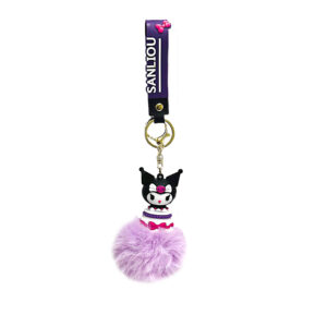 PSK-116 Pom Pom Puffy Keychain with Silicone Band - Kuromi Lavender Sitting on Birthday Cake
