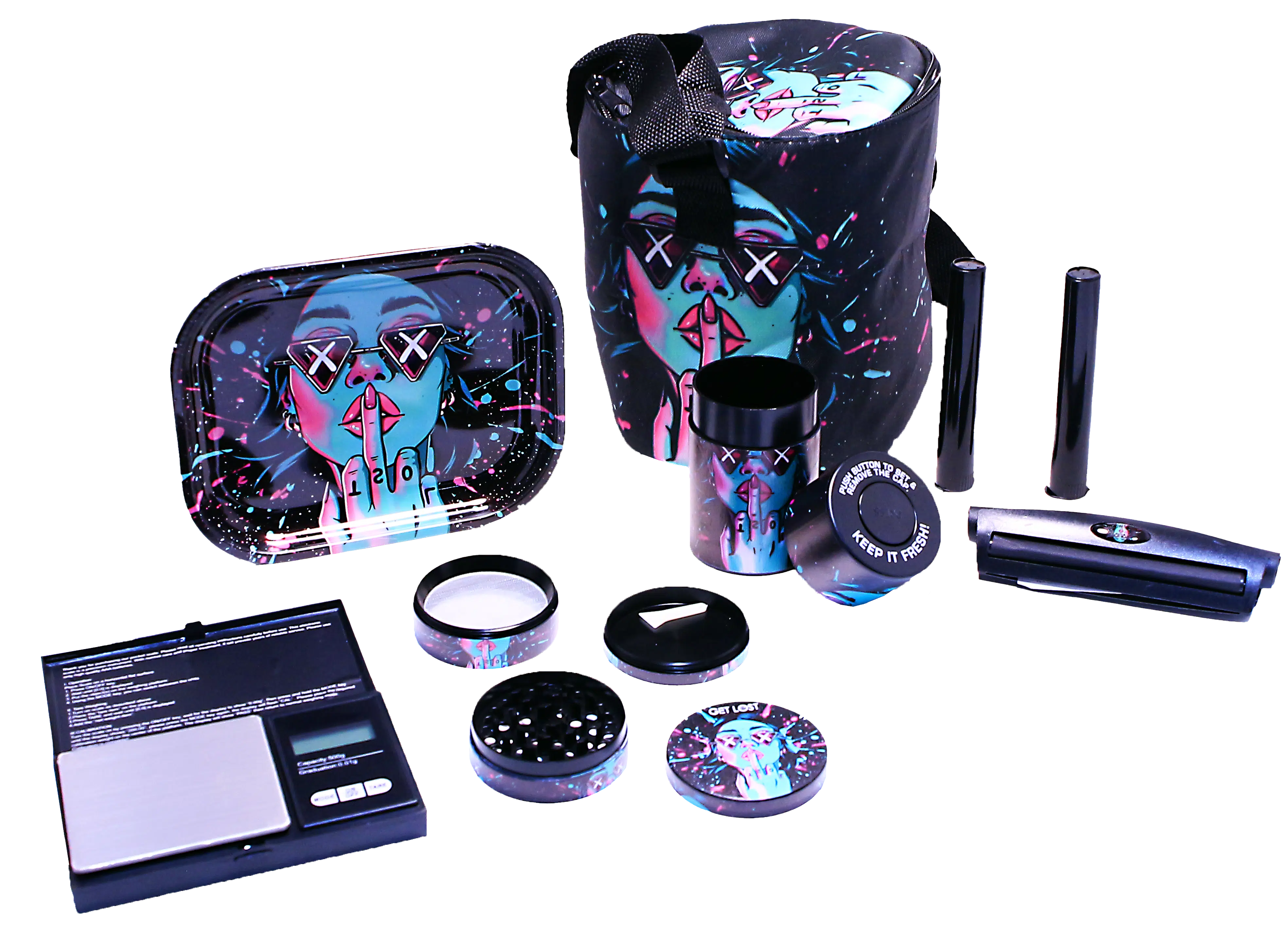 SB-GS-003 - Get Lost 7-in-1 Scale Bag Gift Set – Premium Smoking Essentials All-in-One (Blue Girl Middle Finger) - Image 5