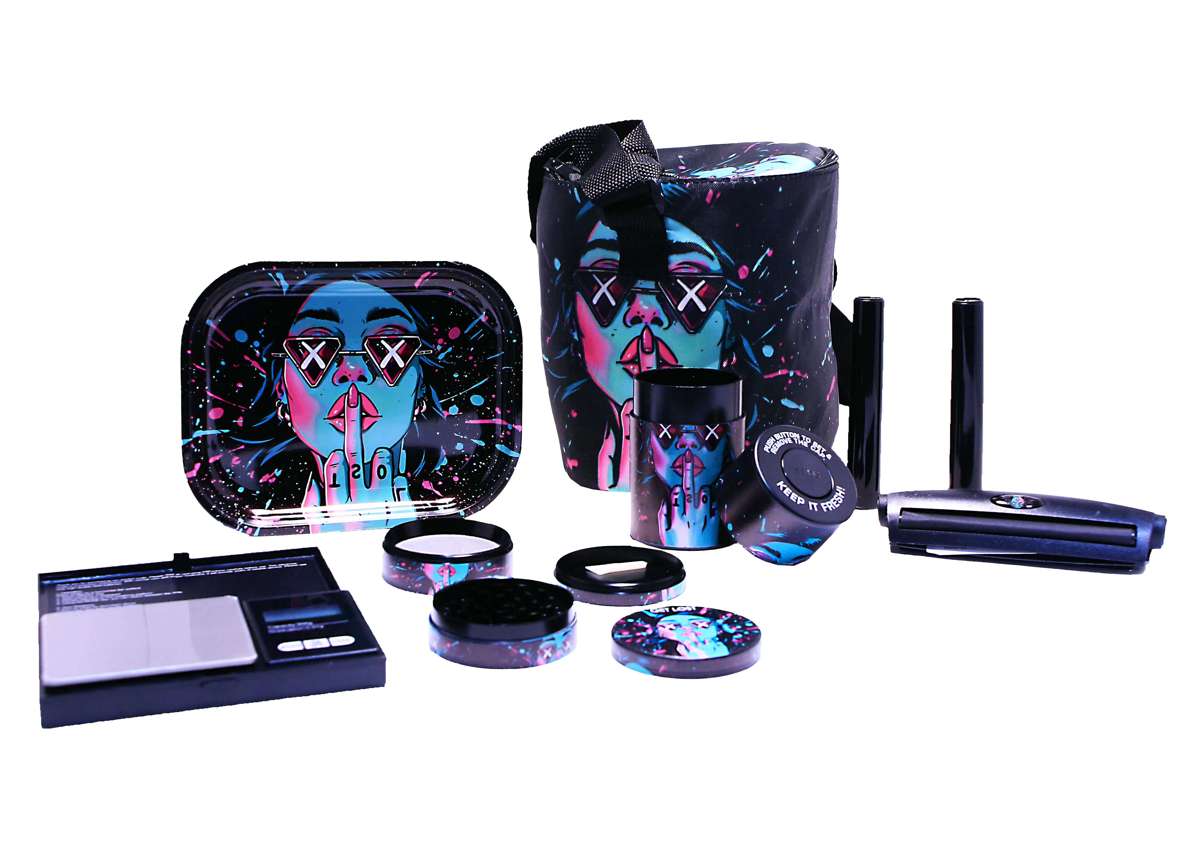 SB-GS-003 - Get Lost 7-in-1 Scale Bag Gift Set – Premium Smoking Essentials All-in-One (Blue Girl Middle Finger) - Image 3