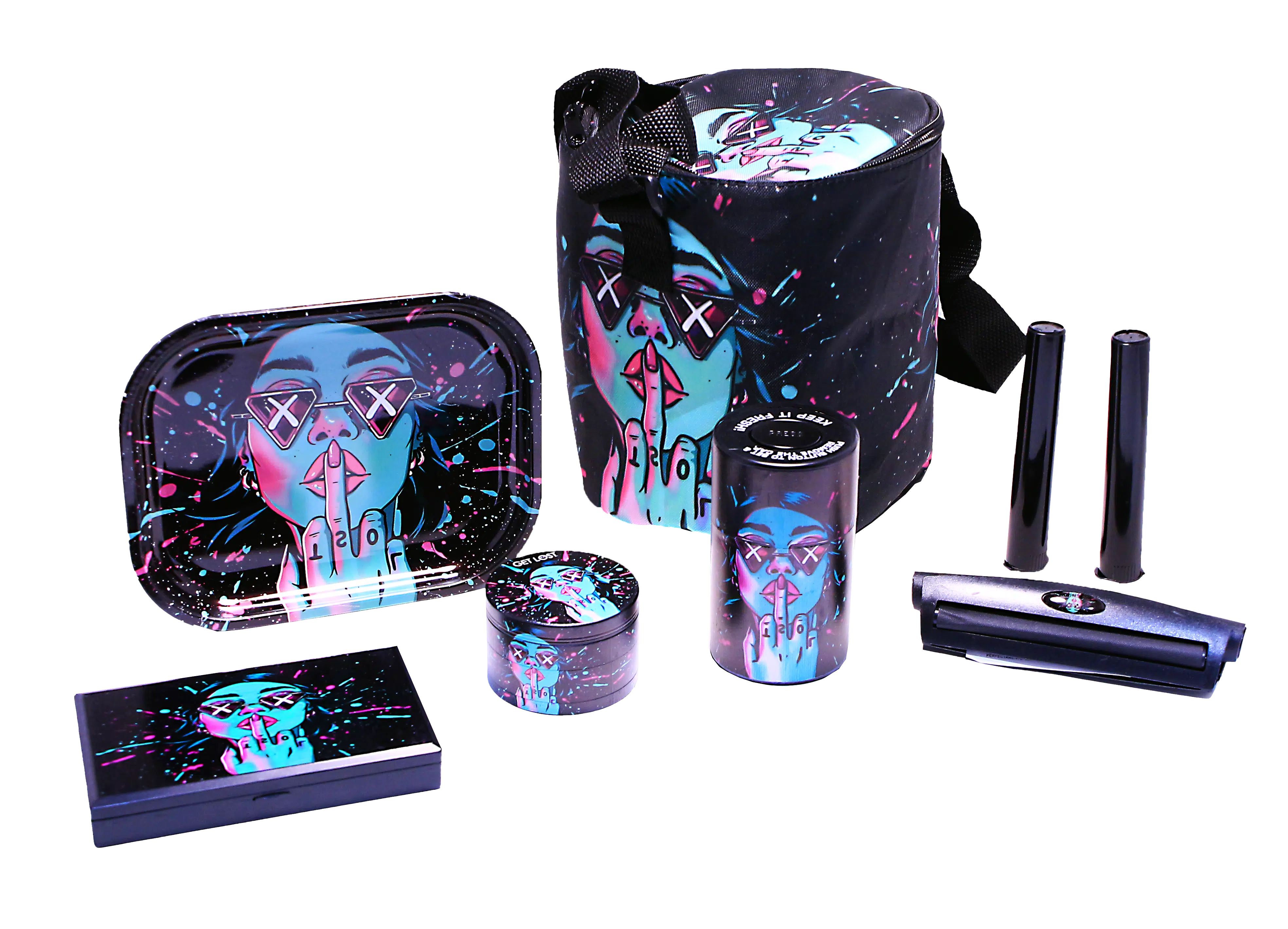 SB-GS-003 - Get Lost 7-in-1 Scale Bag Gift Set – Premium Smoking Essentials All-in-One (Blue Girl Middle Finger) - Image 4