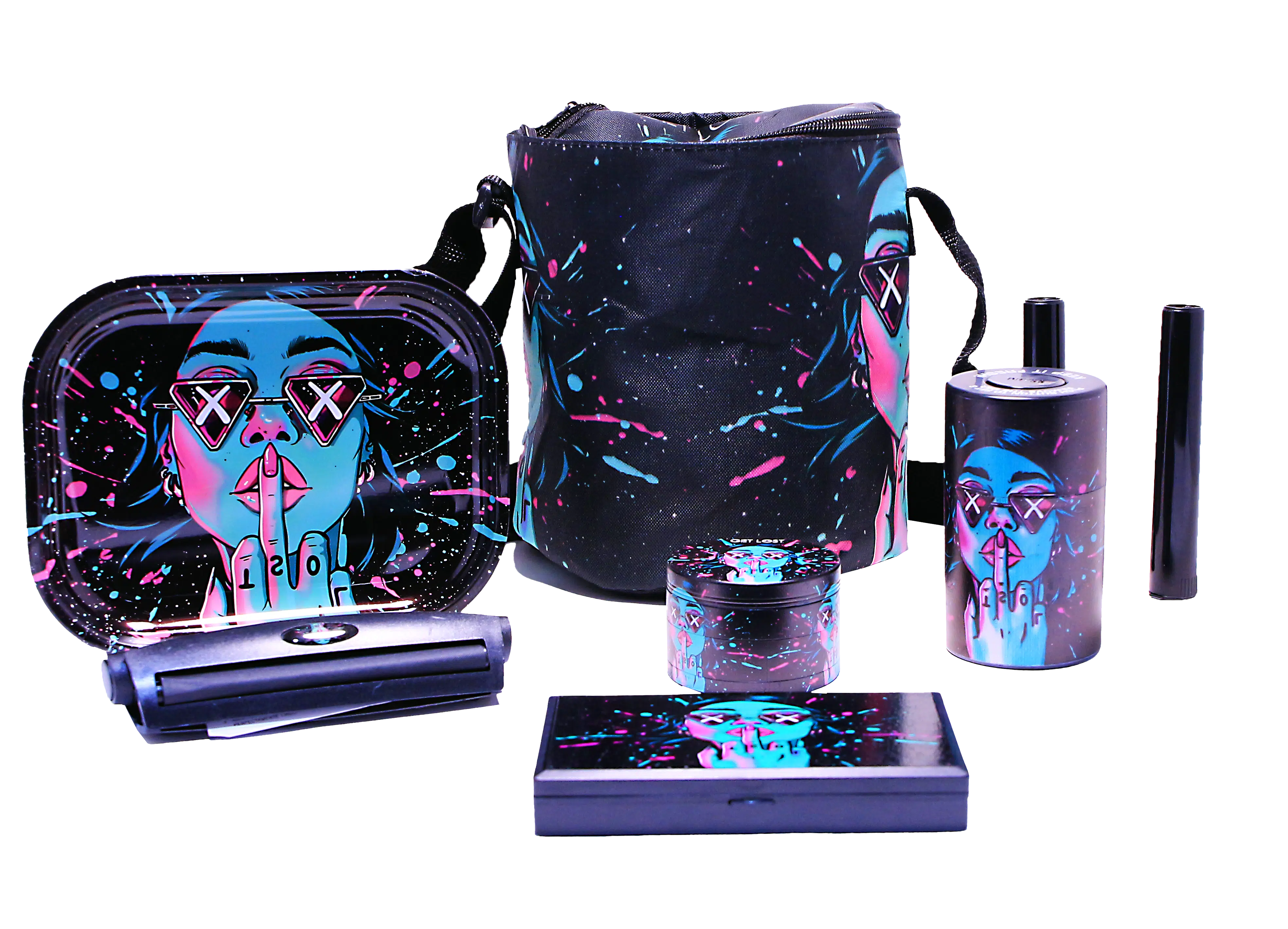 SB-GS-003 - Get Lost 7-in-1 Scale Bag Gift Set – Premium Smoking Essentials All-in-One (Blue Girl Middle Finger) - Image 2