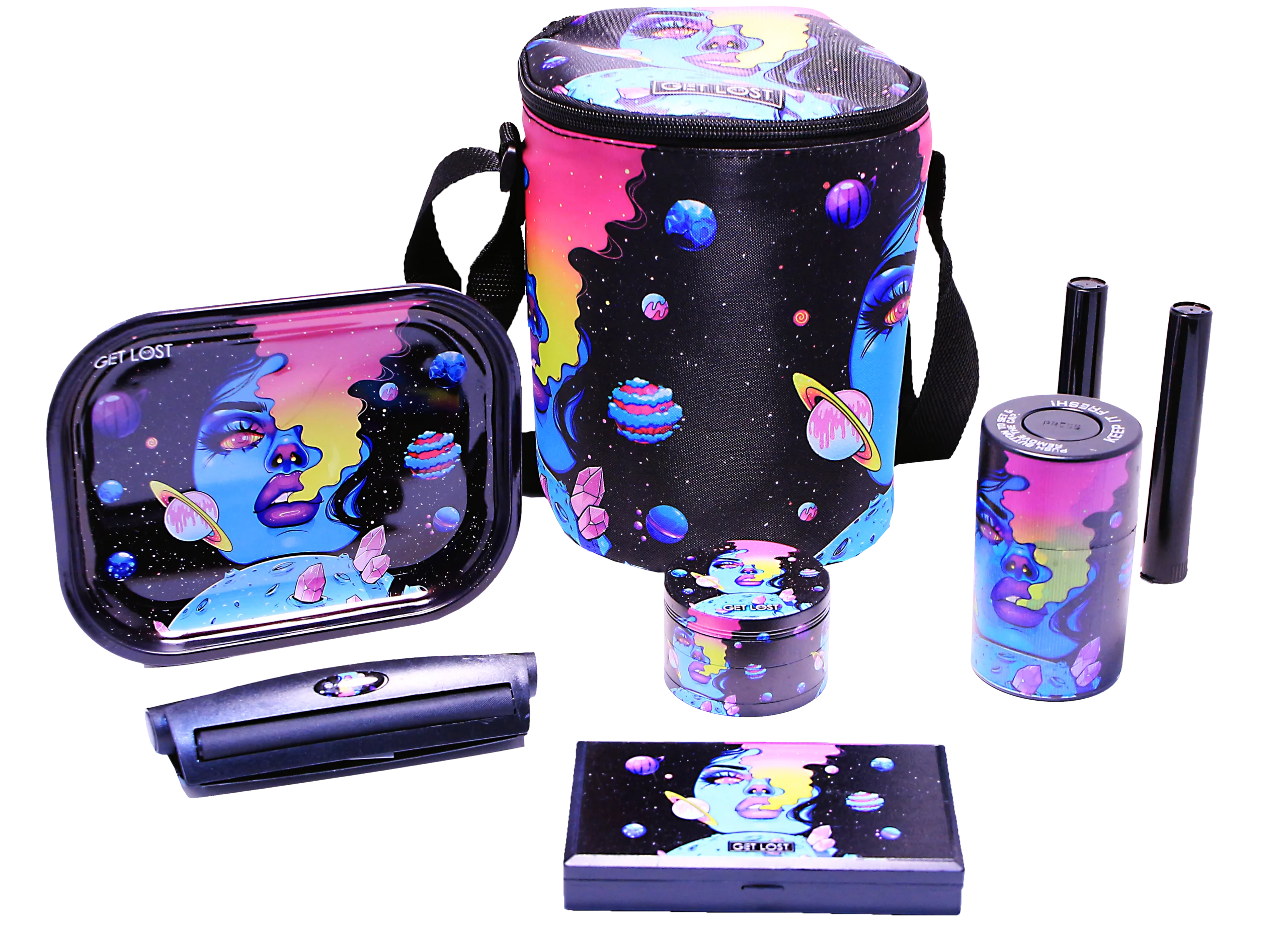 SB-GS-004 – Get Lost 7-in-1 Scale Bag Gift Set – Premium Smoking Essentials All-in-One (Galaxy Blue Smoking Girl)