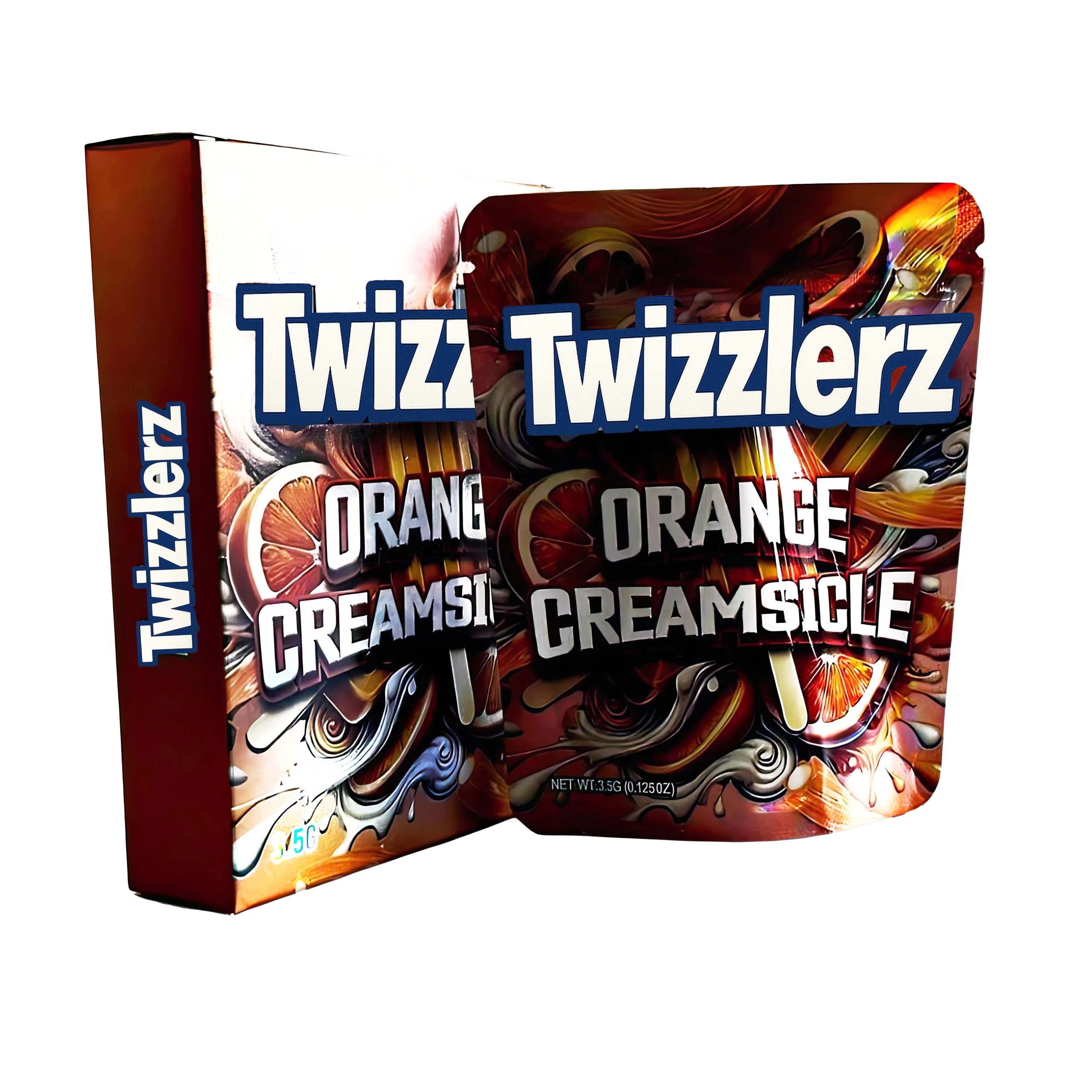 Bag-n-Box 3.5g Mylar Packaging Set – (25 Count Bags) + (25 Count) Display Boxes – Twizzlerz Orange Creamsicle BAGNBOX-002