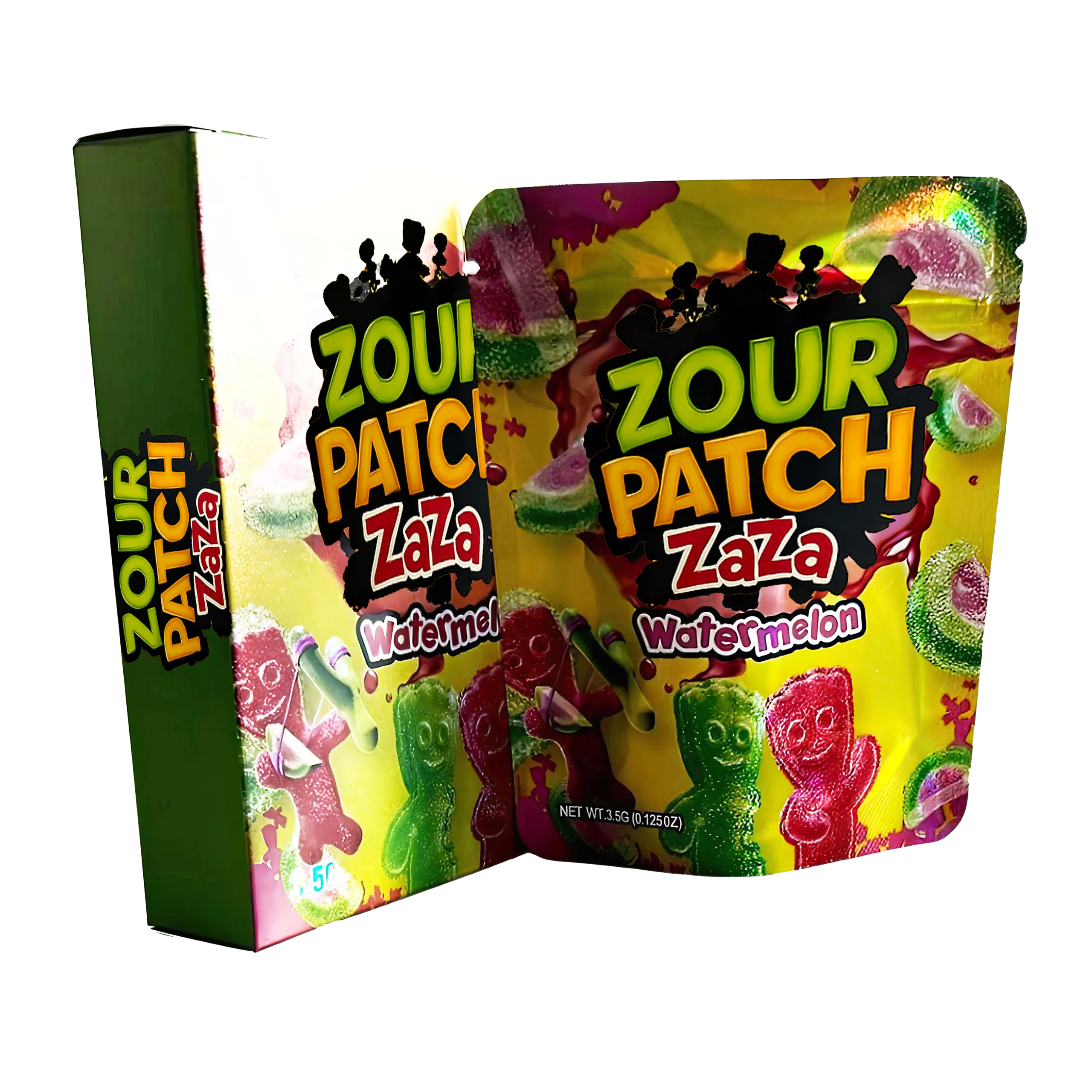 Bag-n-Box 3.5g Mylar Packaging Set – (25 Count Bags) + (25 Count) Display Boxes – Zour Patch Zaza Kids Watermelon BAGNBOX-004