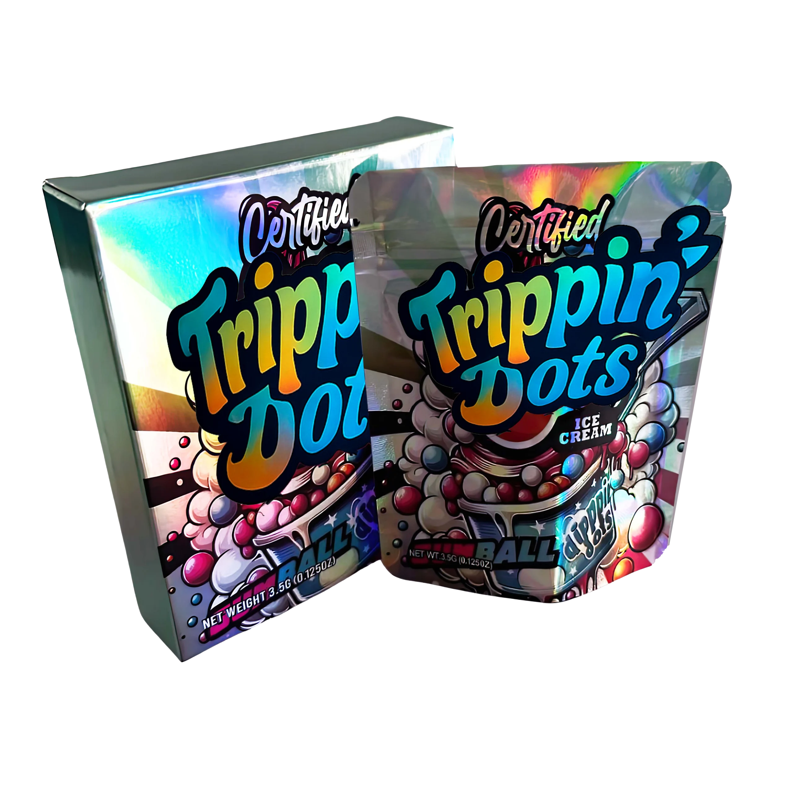 Bag-n-Box 3.5g Mylar Packaging Set – (25 Count Bags) + (25 Count) Display Boxes – Certified Trippin Dots BAGNBOX-042