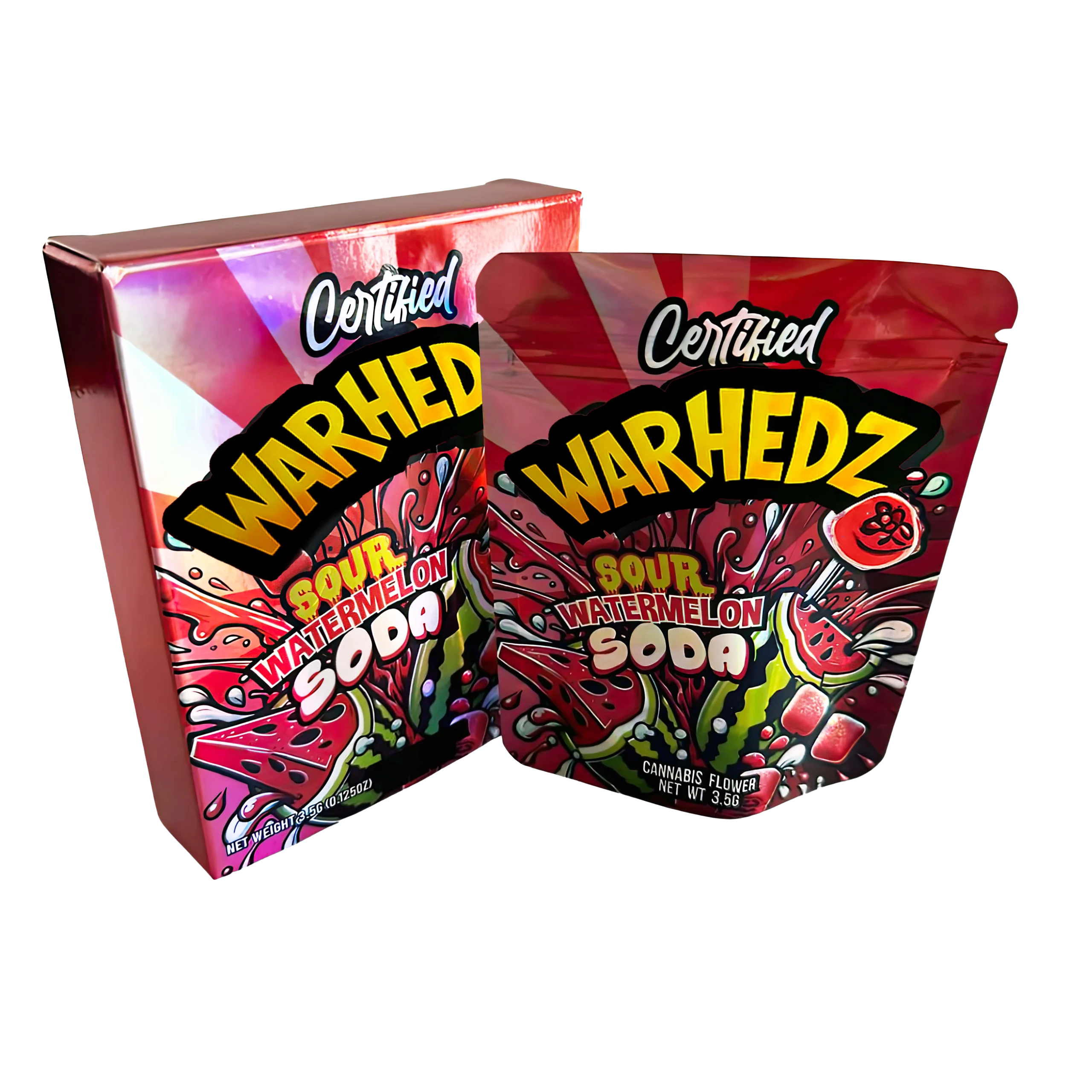 Bag-n-Box 3.5g Mylar Packaging Set – (25 Count Bags) + (25 Count) Display Boxes – Certified Warhedz Sour Watermelon Soda BAGNBOX-043