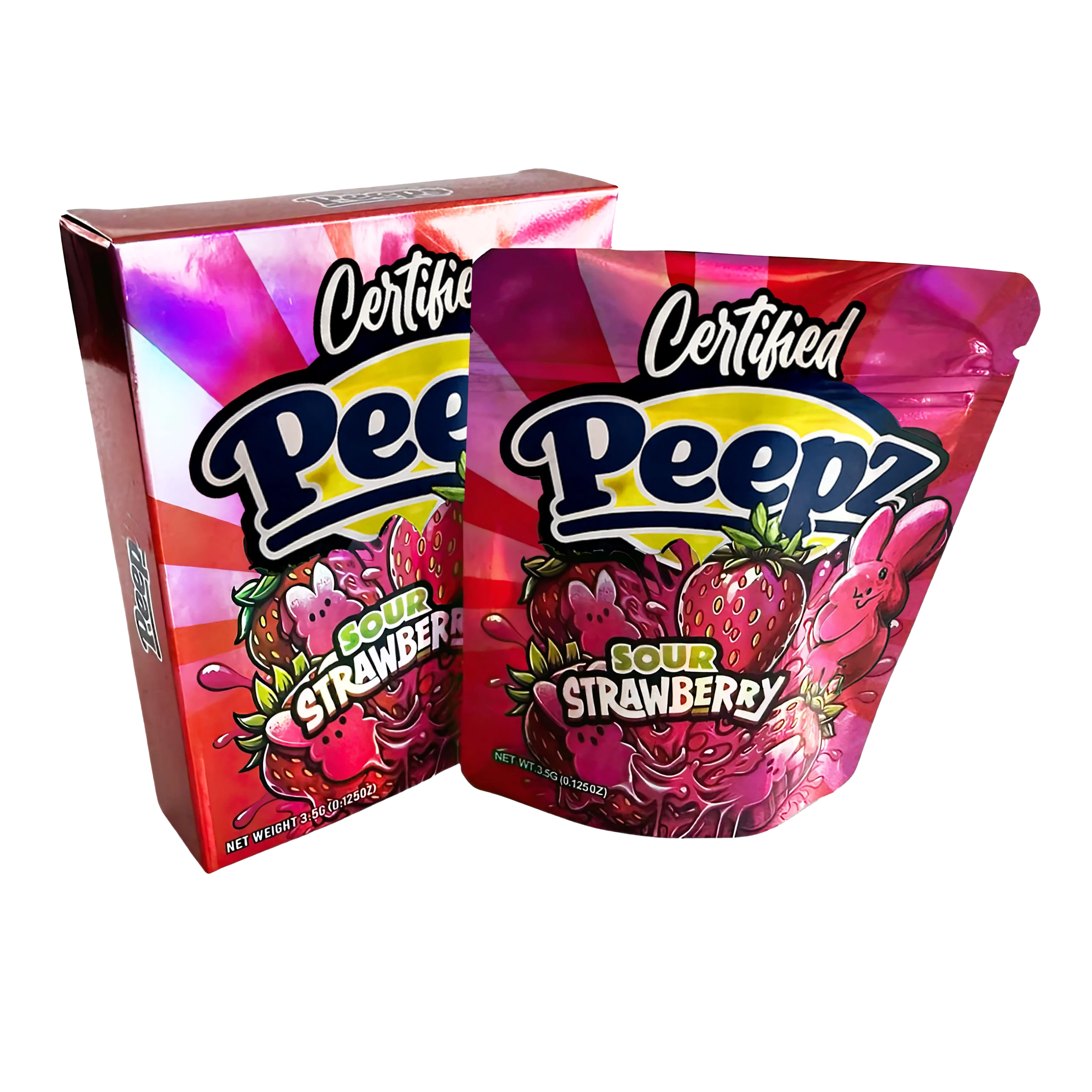 Bag-n-Box 3.5g Mylar Packaging Set – (25 Count Bags) + (25 Count) Display Boxes – Certified Peepz Sour Strawberry BAGNBOX-044