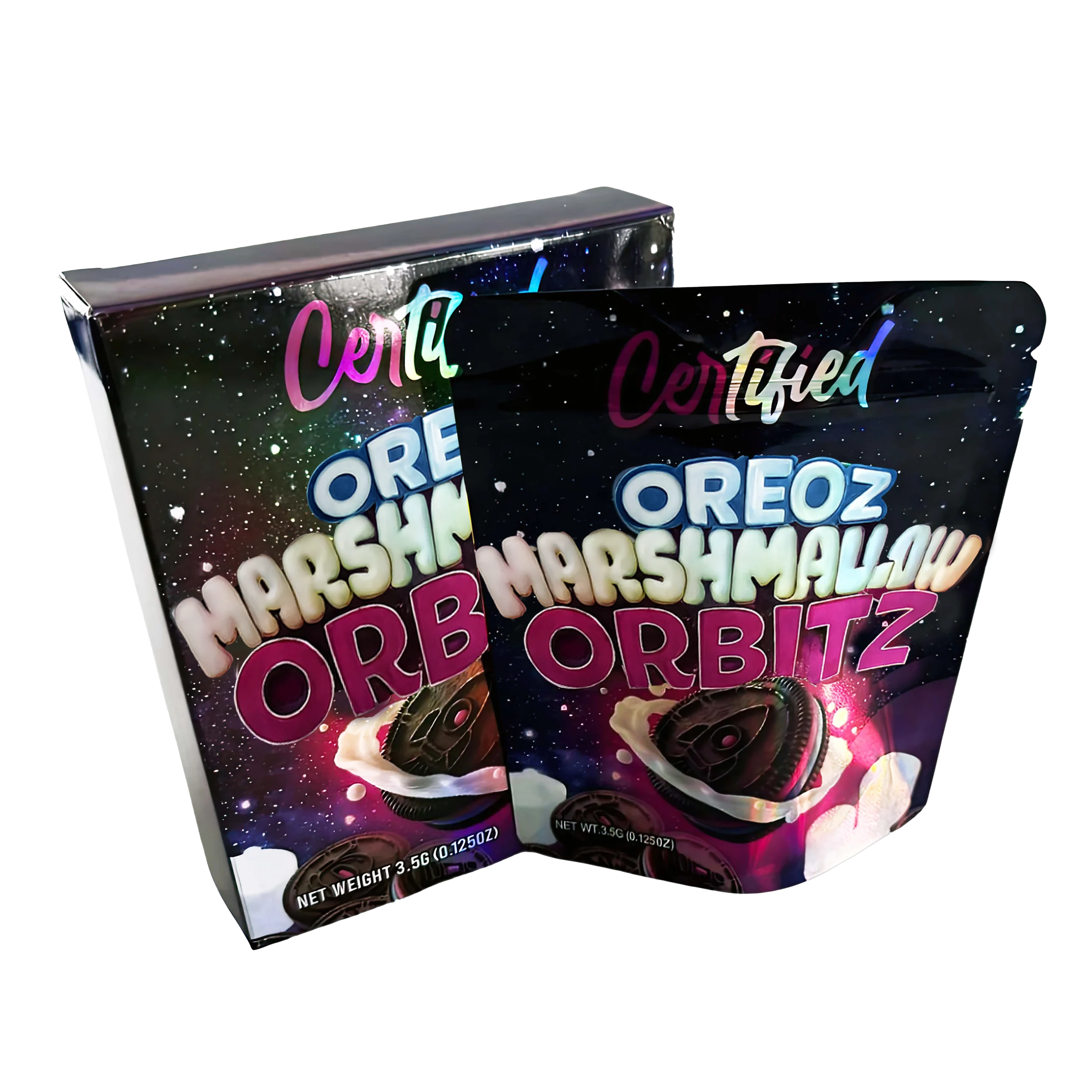 Bag-n-Box 3.5g Mylar Packaging Set – (25 Count Bags) + (25 Count) Display Boxes – Certified Oreoz MarshMallow Orbitz BAGNBOX-046