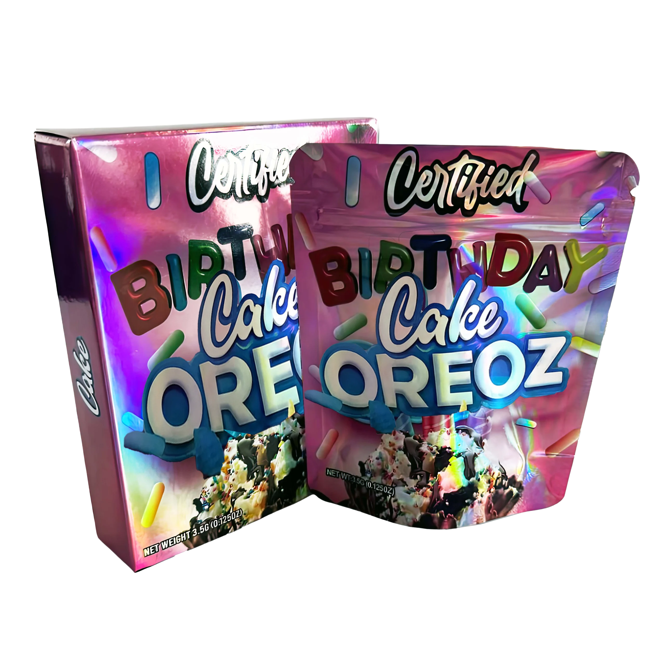 Bag-n-Box 3.5g Mylar Packaging Set – (25 Count Bags) + (25 Count) Display Boxes – Certified Birthday Cake Oreoz BAGNBOX-049