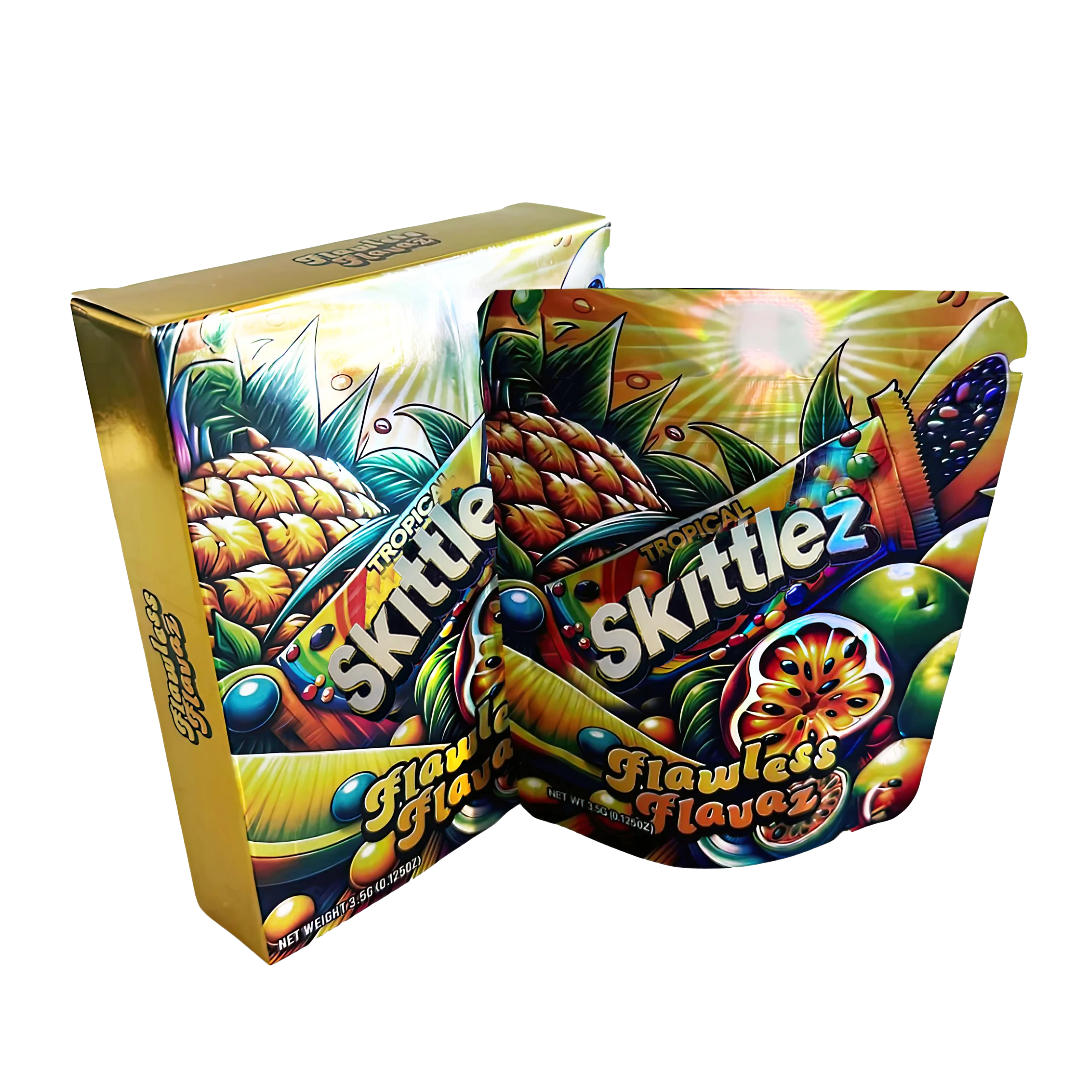 Bag-n-Box 3.5g Mylar Packaging Set – (25 Count Bags) + (25 Count) Display Boxes –  Tropical Skittlez Flawless Flavaz BAGNBOX-059