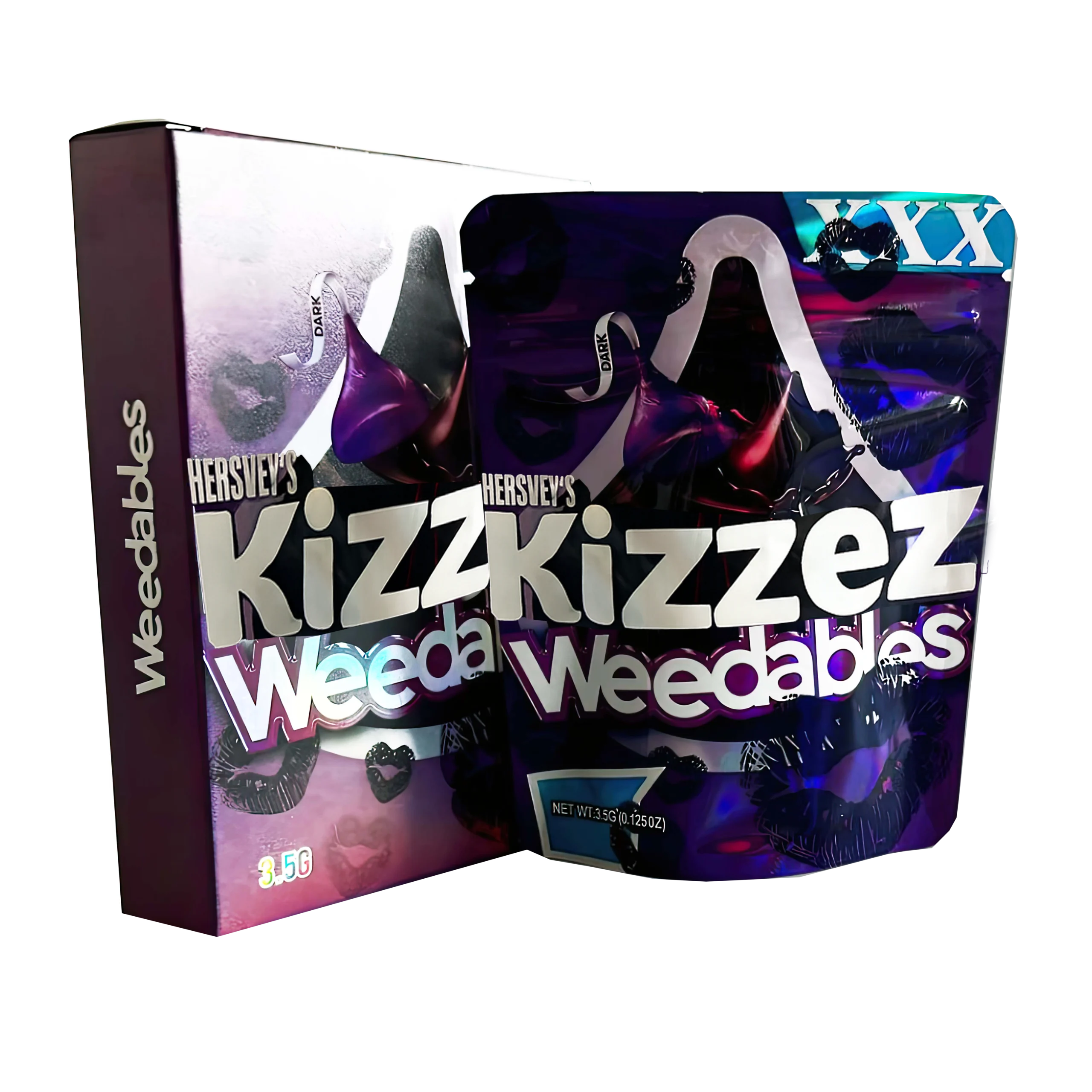 Bag-n-Box 3.5g Mylar Packaging Set – (25 Count Bags) + (25 Count) Display Boxes – Hersheys Kizzez Weedables BAGNBOX-067