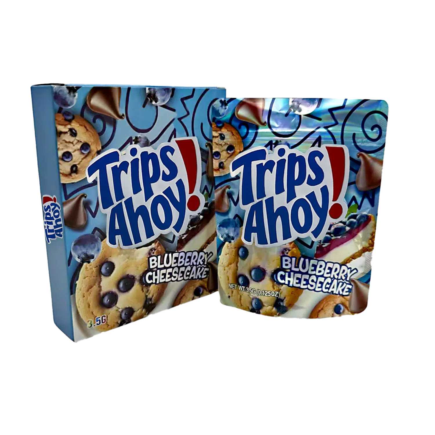 Bag-n-Box 3.5g Mylar Packaging Set – (25 Count Bags) + (25 Count) Display Boxes – Trips Ahoy Blueberry Cheesecake BAGNBOX-091