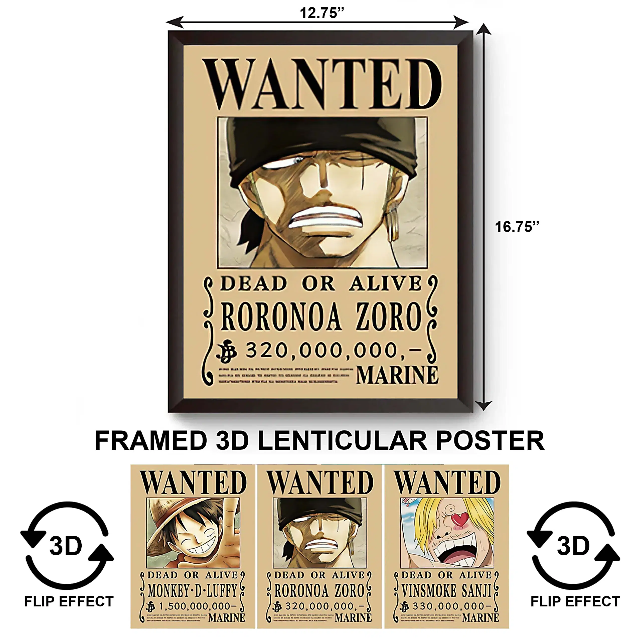 3DPWF-029 Anime – Wanted – Luffy, Zoro, Sanji Framed Poster