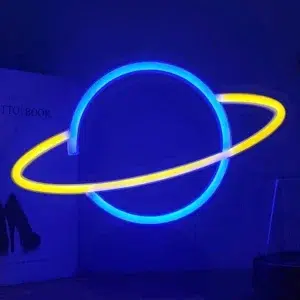 SNL-022BY - Small Neon Hanging Light - Planet Saturn Blue Yellow
