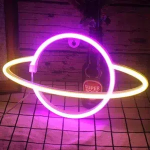 SNL-022PY - Small Neon Hanging Light - Planet Saturn Pink Yellow