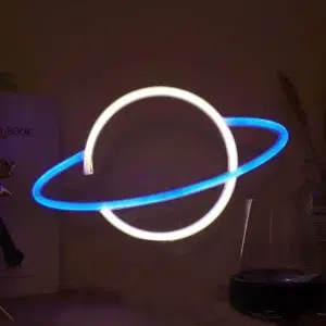 SNL-022WB - Small Neon Hanging Light - Planet Saturn White Blue