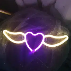 SNL-054YP - Small Neon Hanging Light - Heart and Wings Yellow Pink