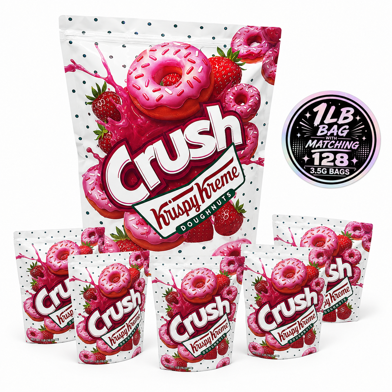 1 Pack 1lb Mylar Bag + 128 Matching 3.5g Mylar Bags – Matching Design Bundle - Crush Strawberry - 1LB-SET-002