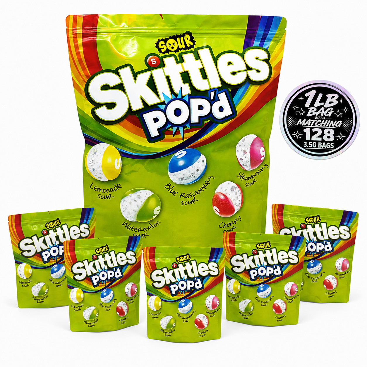 1 Pack 1lb Mylar Bag + 128 Matching 3.5g Mylar Bags – Matching Design Bundle - Skittles Pop'd - 1LB-SET-003
