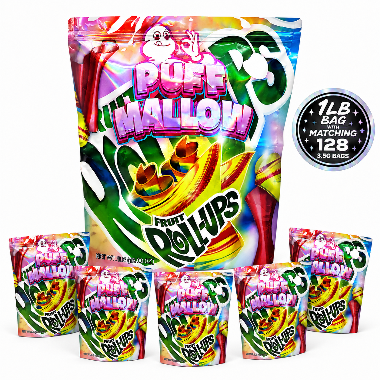 1 Pack 1lb Mylar Bag + 128 Matching 3.5g Mylar Bags – Matching Design Bundle - Puffmallow Banana Delights - 1LB-SET-004