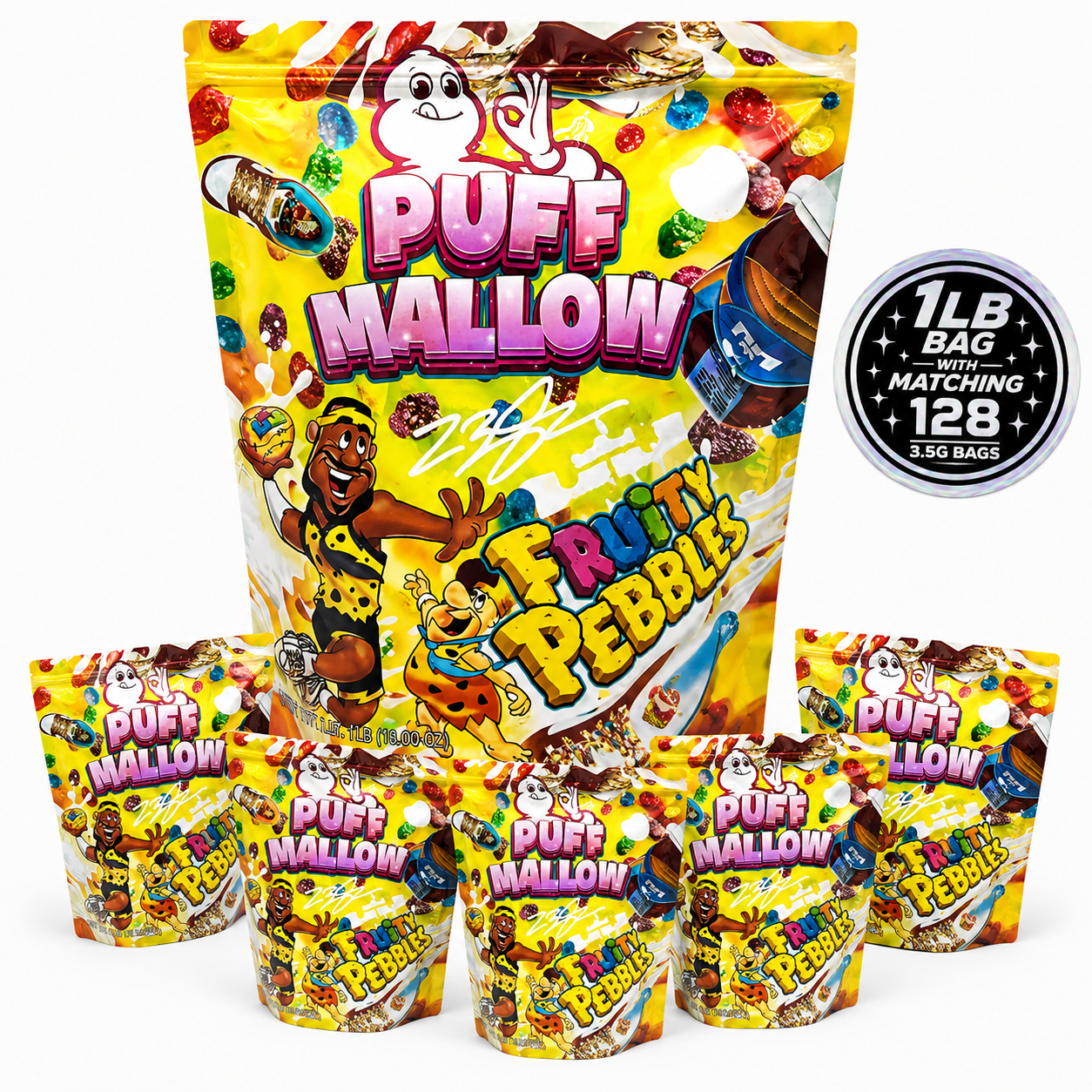 1 Pack 1lb Mylar Bag + 128 Matching 3.5g Mylar Bags – Matching Design Bundle - Puffmallow Fruity Pebbles - 1LB-SET-005