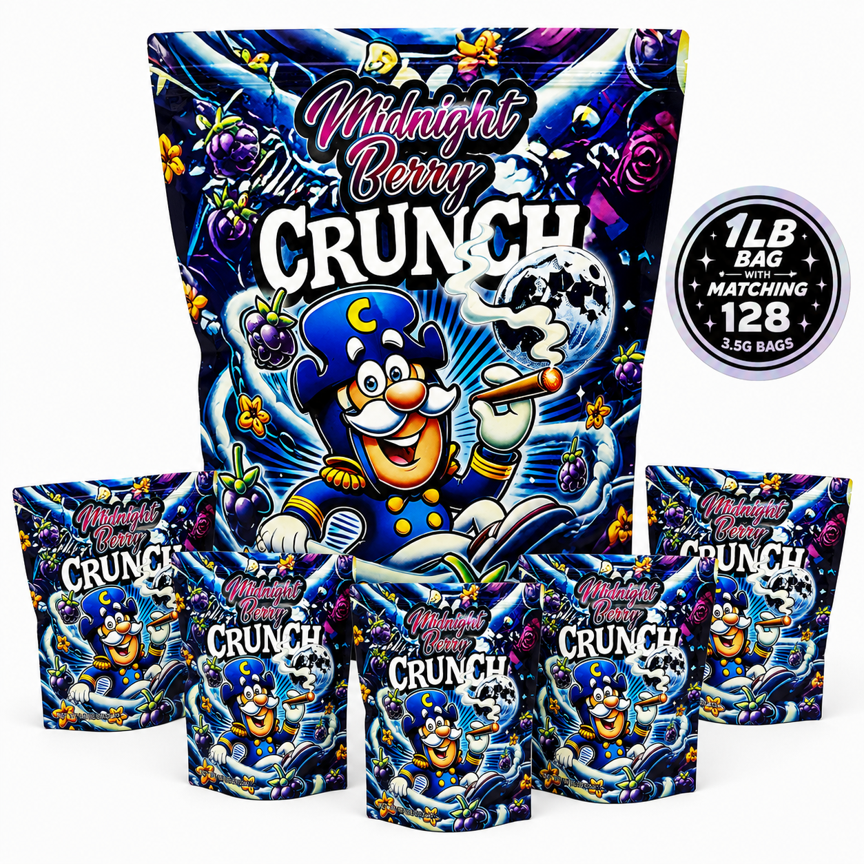 1 Pack 1lb Mylar Bag + 128 Matching 3.5g Mylar Bags – Matching Design Bundle - Crunch Berries - 1LB-SET-006