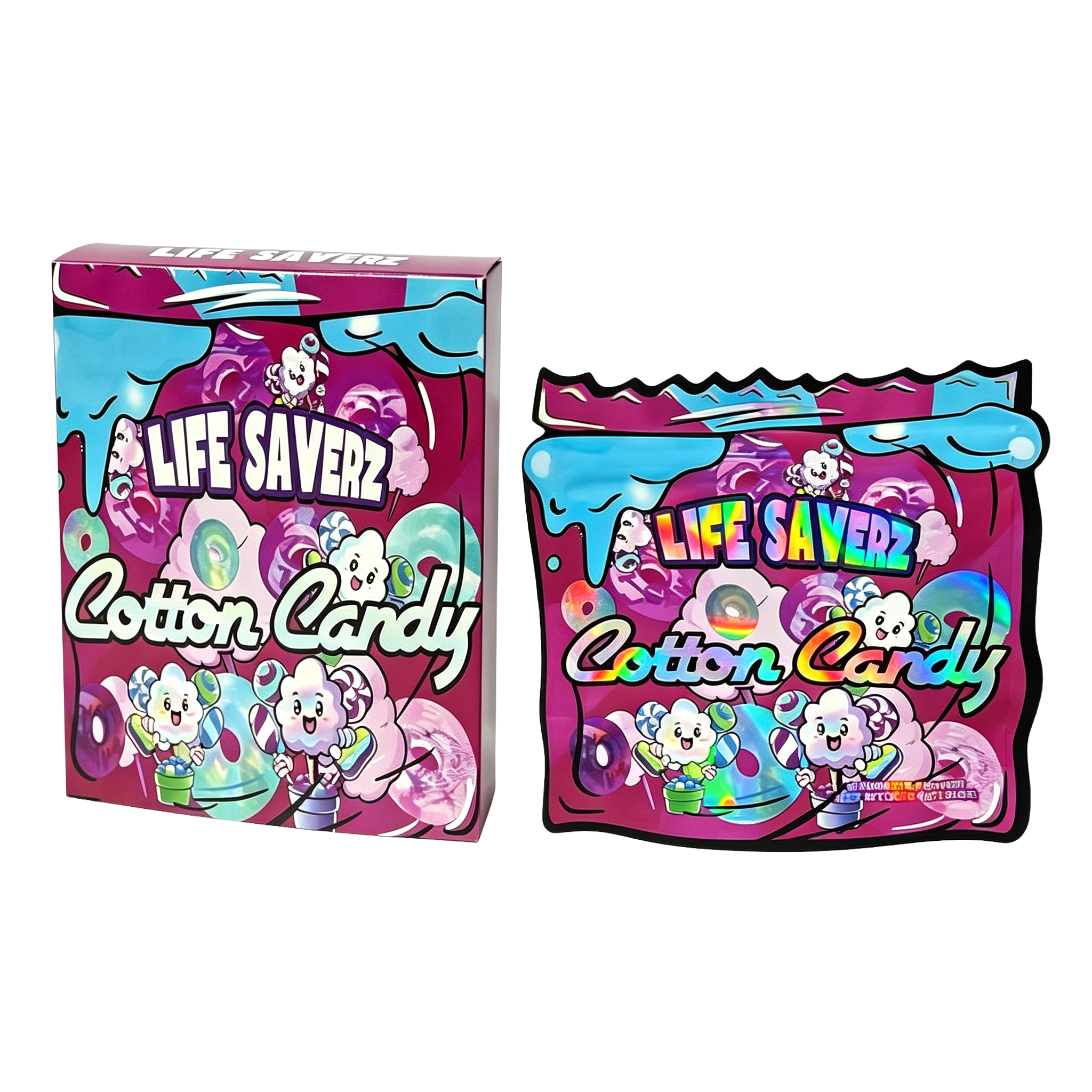 25 Pack - Bag-n-Box 3.5g Mylar Packaging Set - Life Saverz Cotton Candy - BAGNBOX-WIN-055