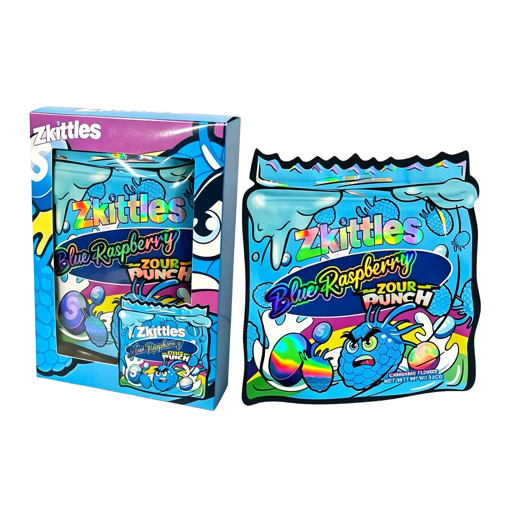 25 Pack - Bag-n-Box 3.5g Mylar Packaging Set - Zkittles Blue Raspberry Zour Punch - BAGNBOX-WIN-056