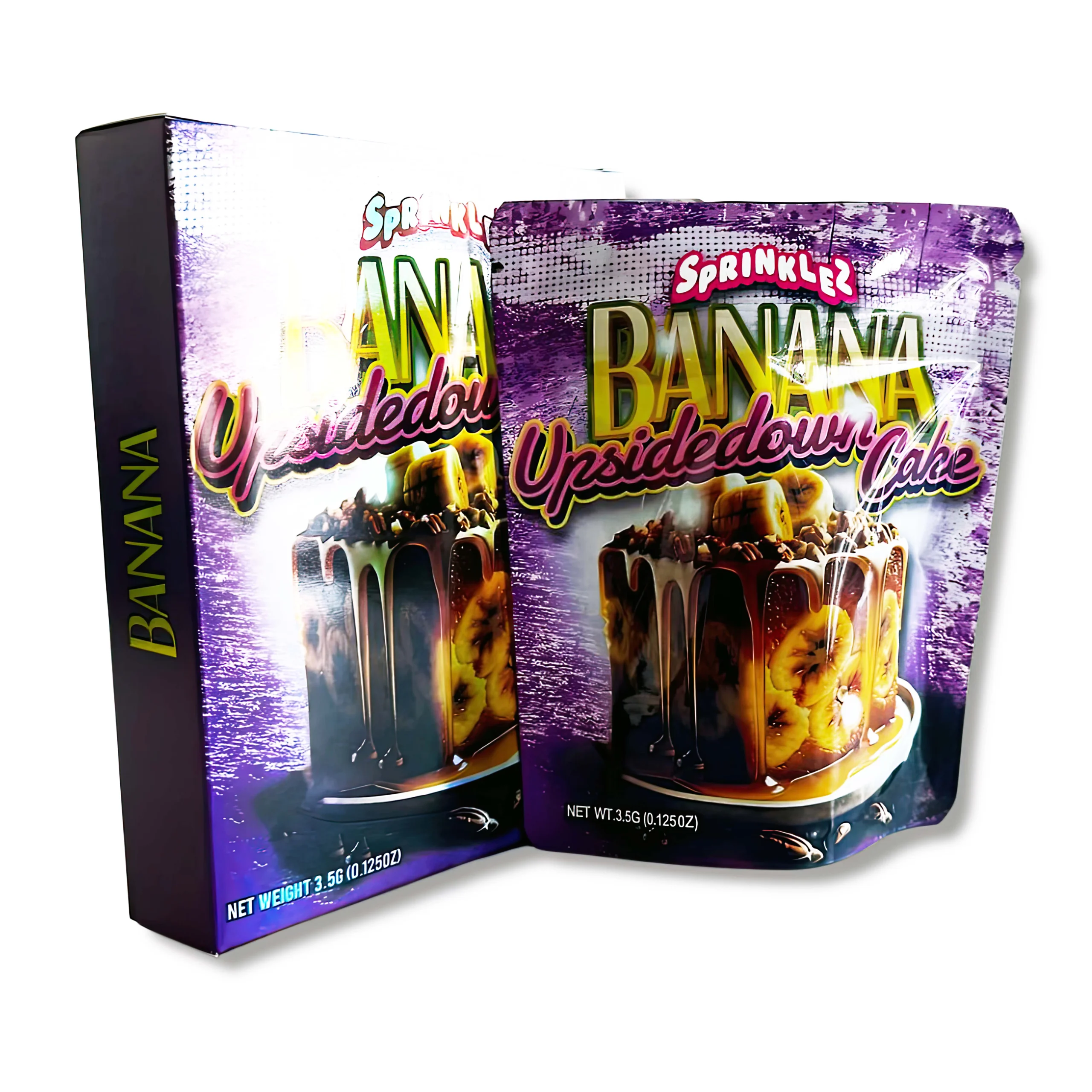 Bag-n-Box 3.5g Mylar Packaging Set – (25 Count Bags) + (25 Count) Display Boxes - Sprinklez Banana Upside Down Cake BAGNBOX-015