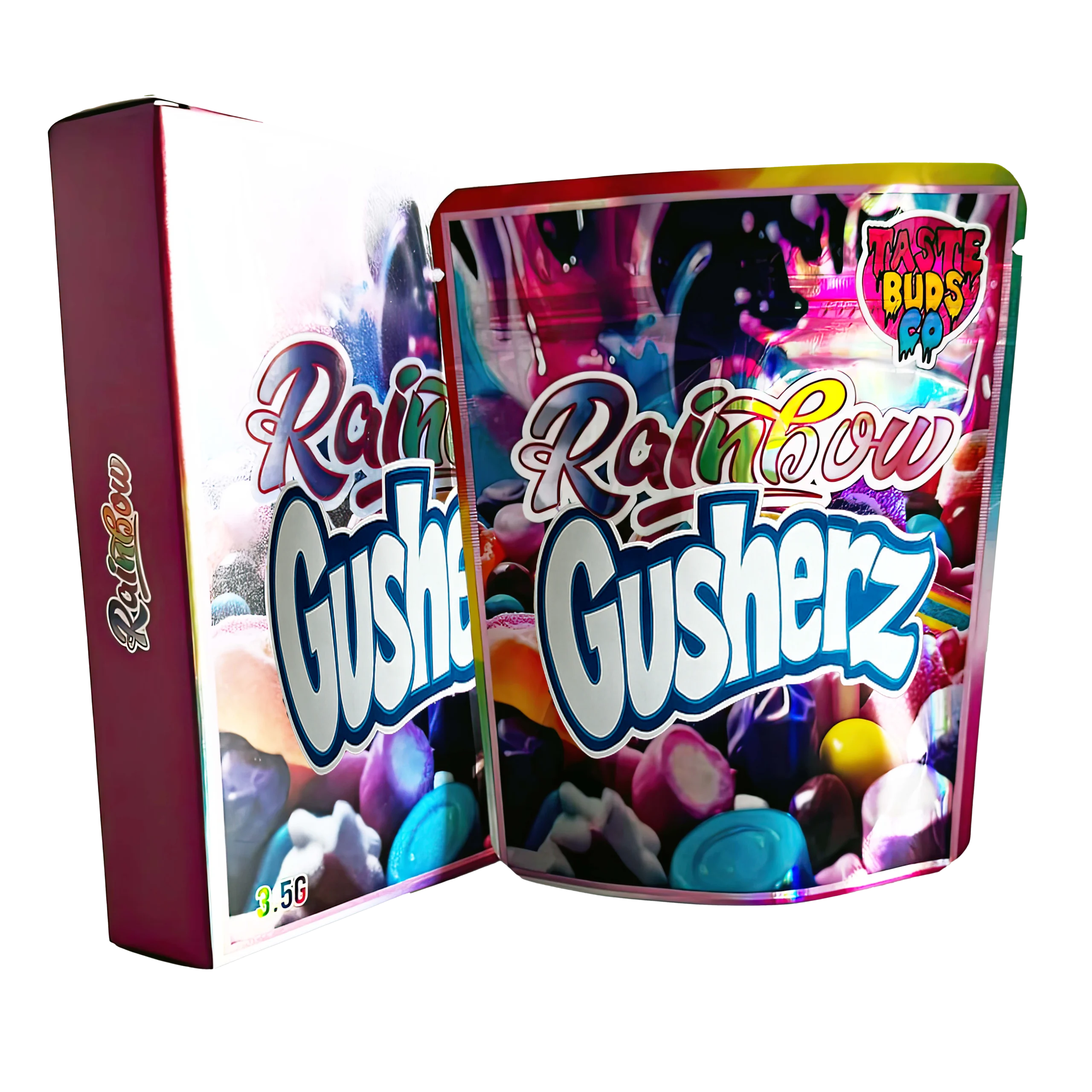 Bag-n-Box 3.5g Mylar Packaging Set – (25 Count Bags) + (25 Count) Display Boxes - Rainbow Gusherz BAGNBOX-020