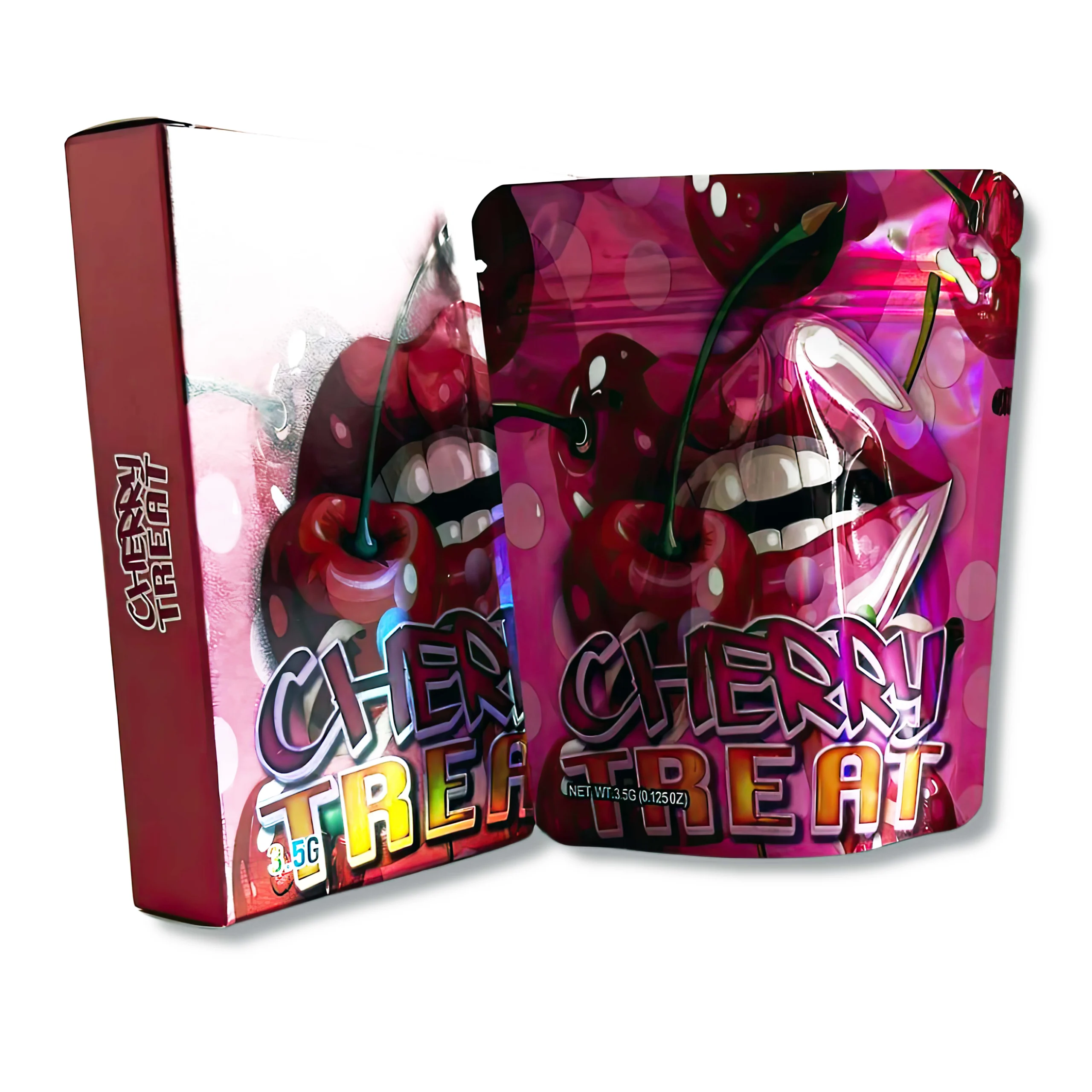 Bag-n-Box 3.5g Mylar Packaging Set – (25 Count Bags) + (25 Count) Display Boxes - Cherry Treat BAGNBOX-023
