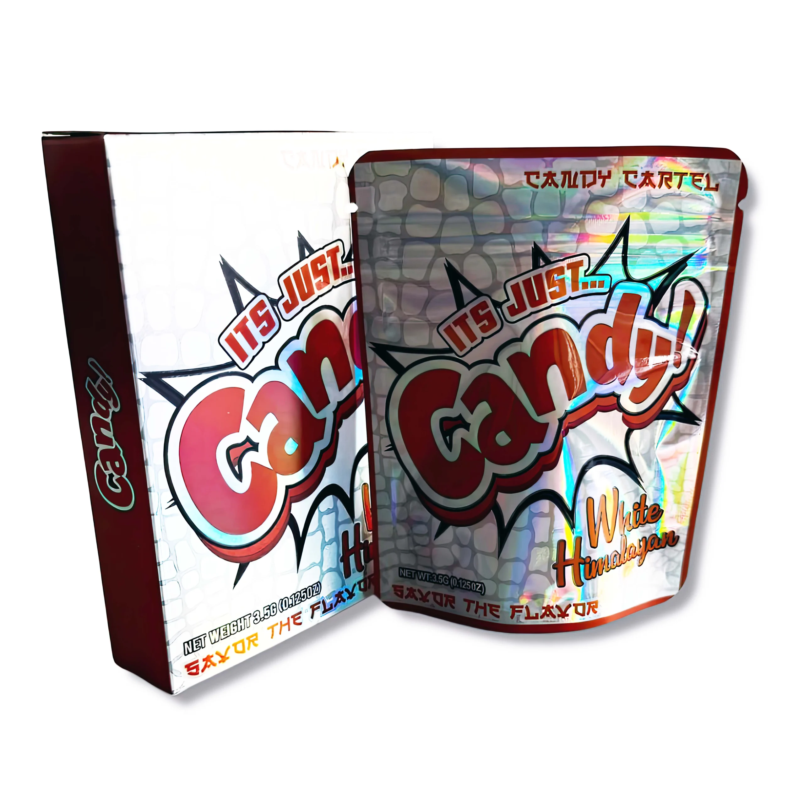 Bag-n-Box 3.5g Mylar Packaging Set – (25 Count Bags) + (25 Count) Display Boxes - Its Just Candy White Himalayan BAGNBOX-035