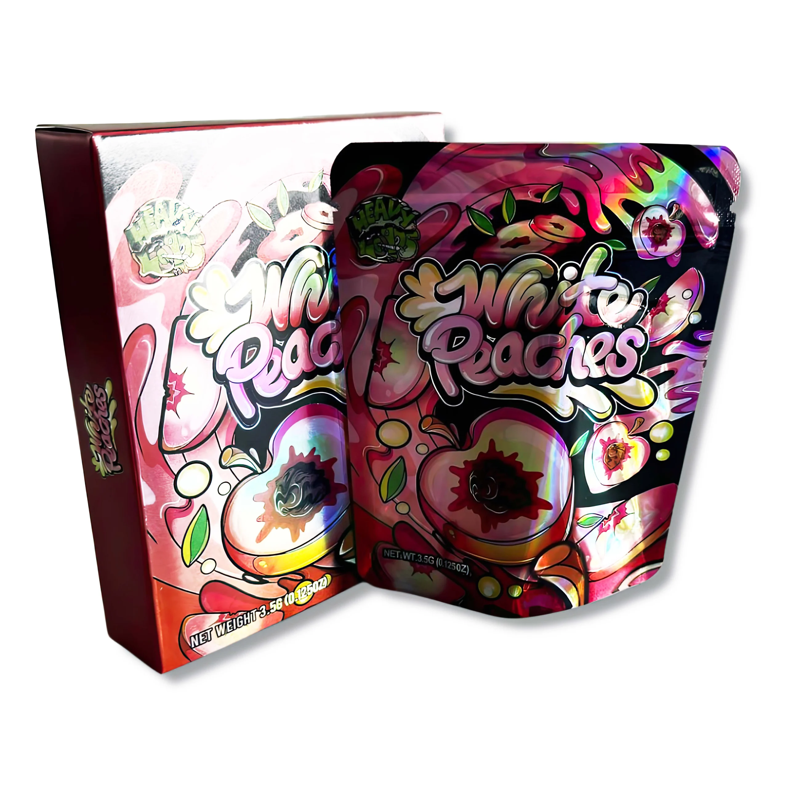 Bag-n-Box 3.5g Mylar Packaging Set – (25 Count Bags) + (25 Count) Display Boxes - White Peaches BAGNBOX-040